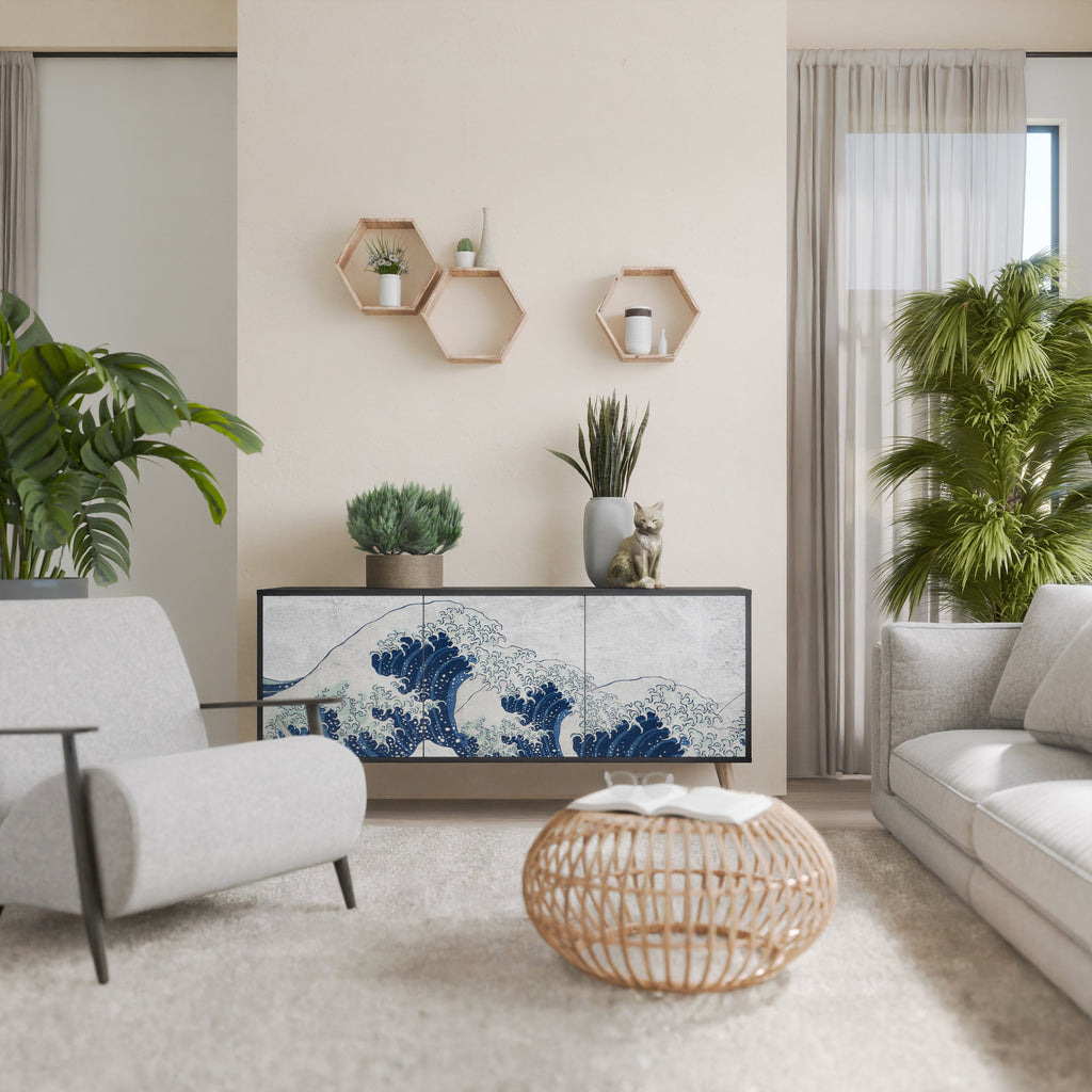 Buffet 3 portes LA GRANDE VAGUE DE KANAGAWA en finition noire