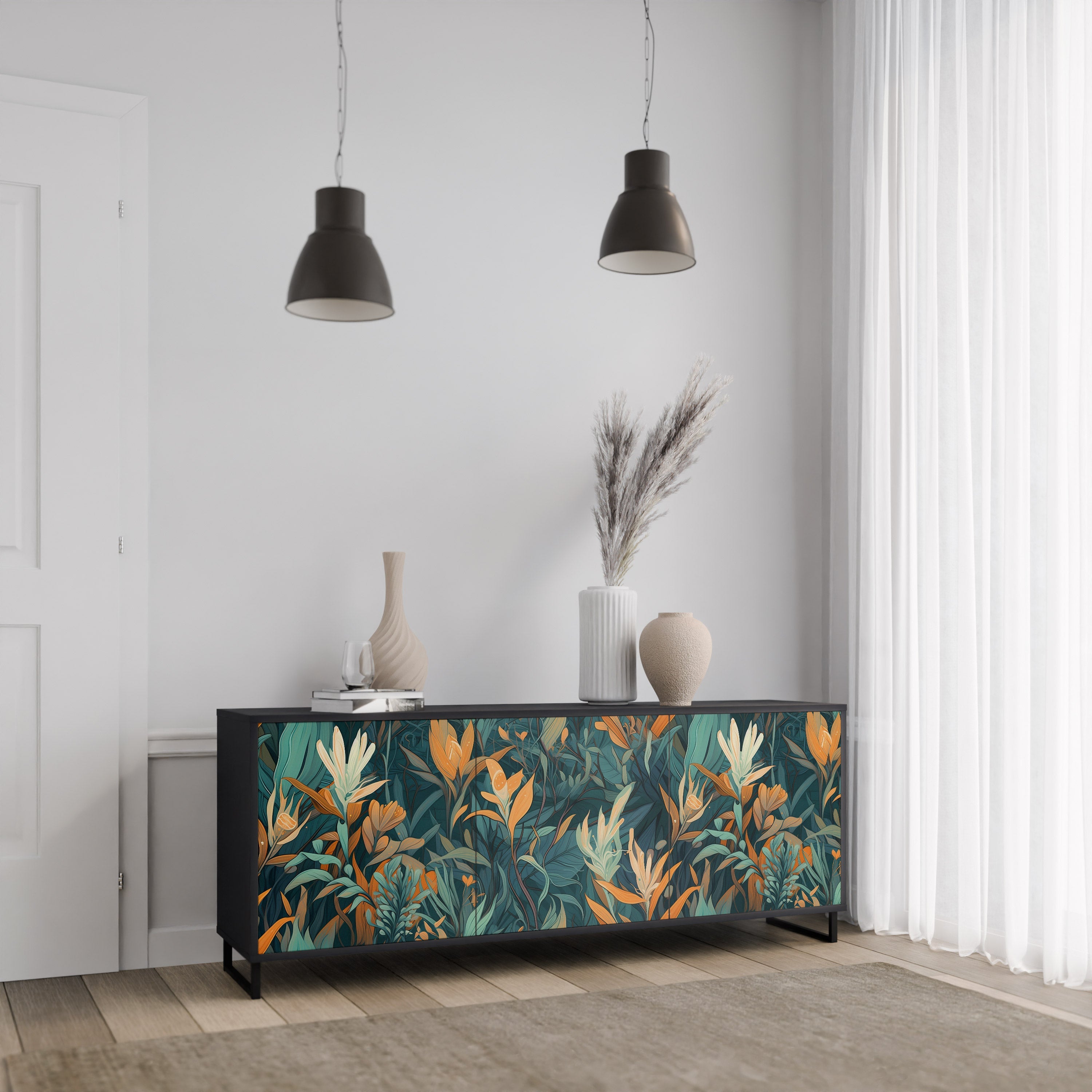Buffet 3 portes FLORAL SERENITY finition noire