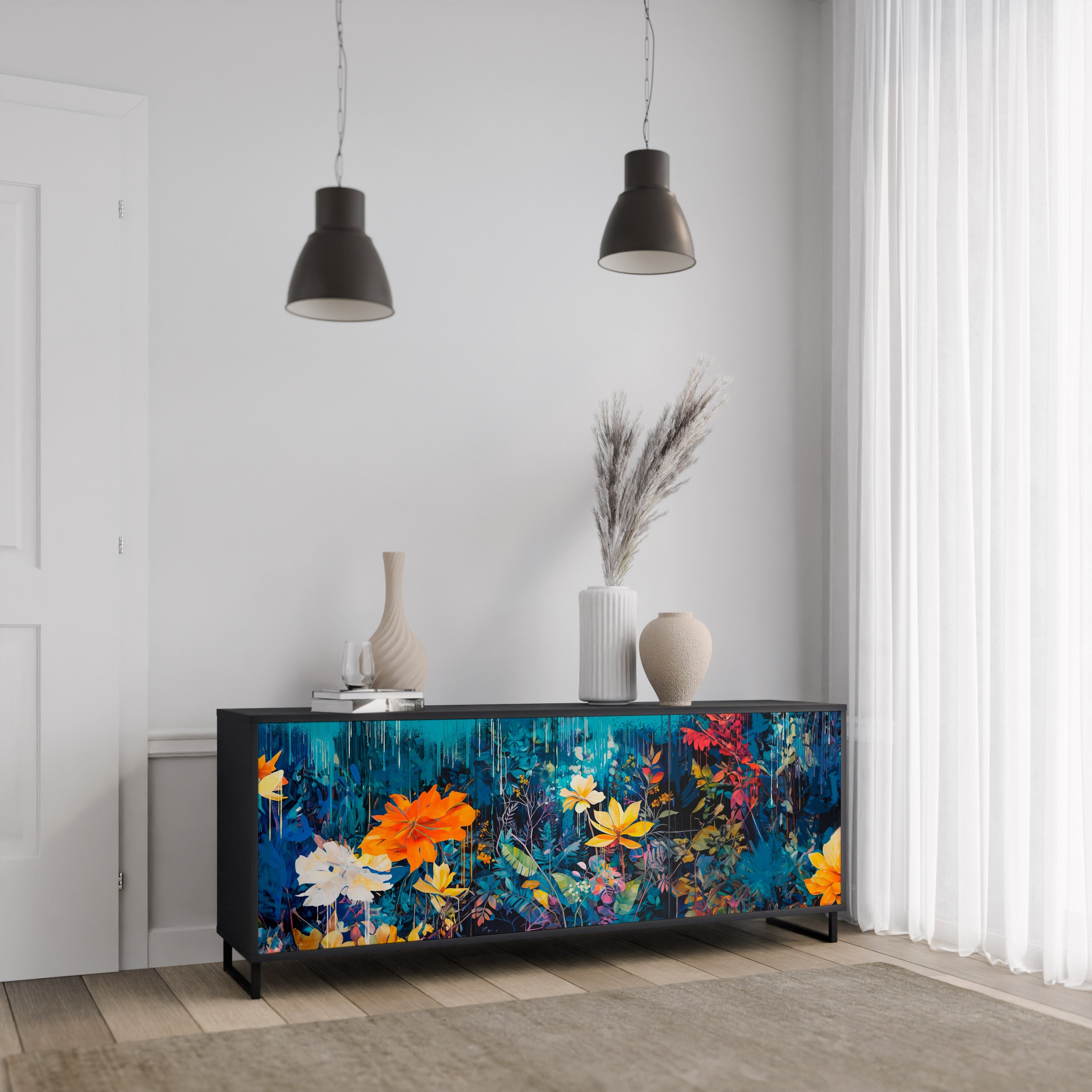 Buffet 3 portes MIDNIGHT BLOSSOM finition noire