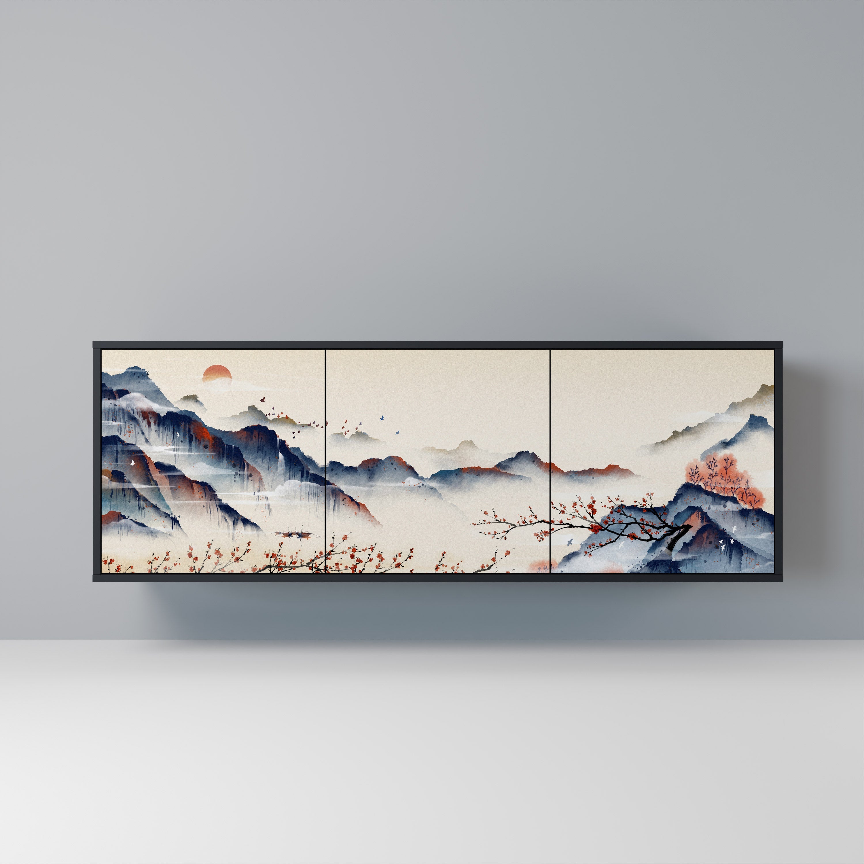 Buffet 3 portes PAYSAGE JAPONAIS finition noire