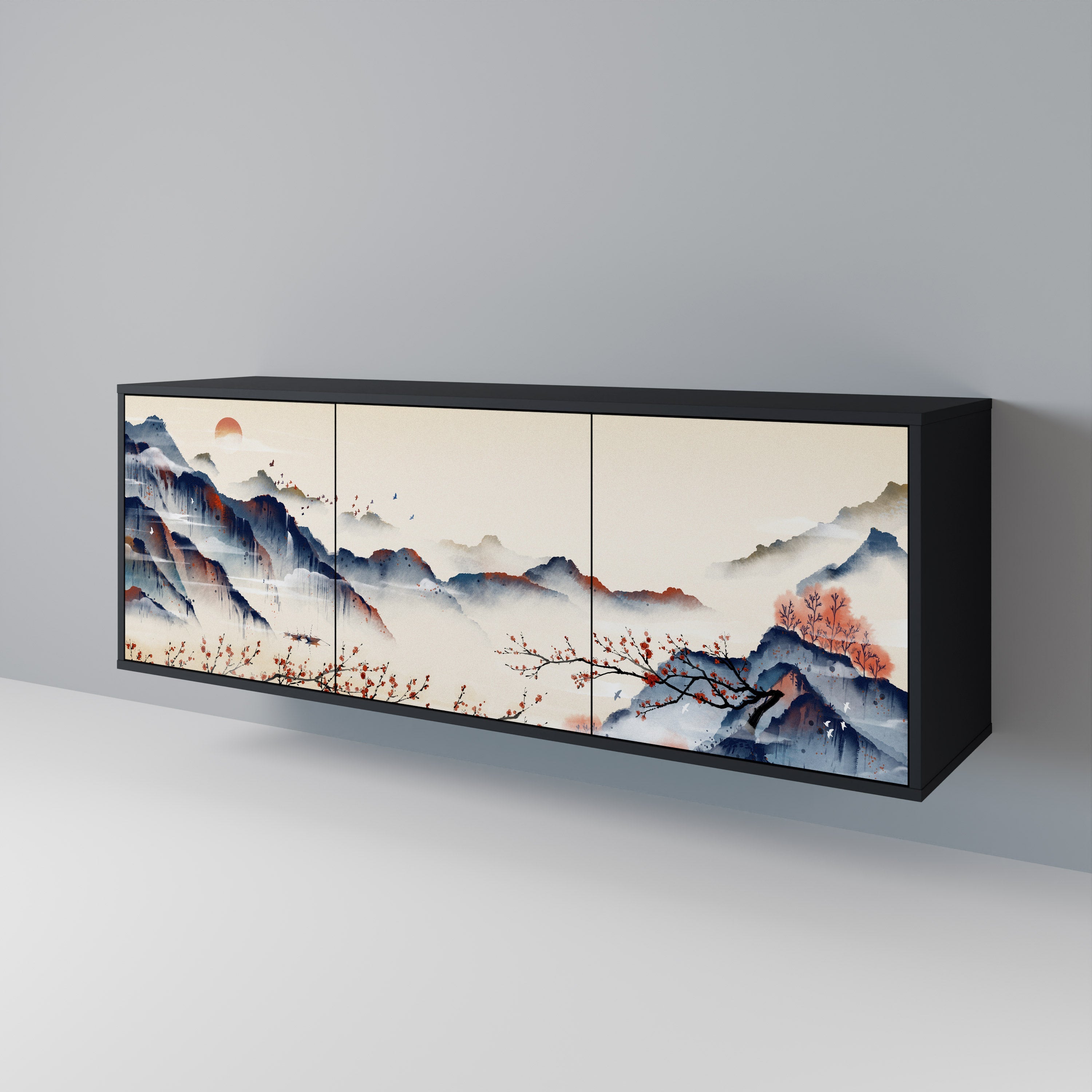Buffet 3 portes PAYSAGE JAPONAIS finition noire