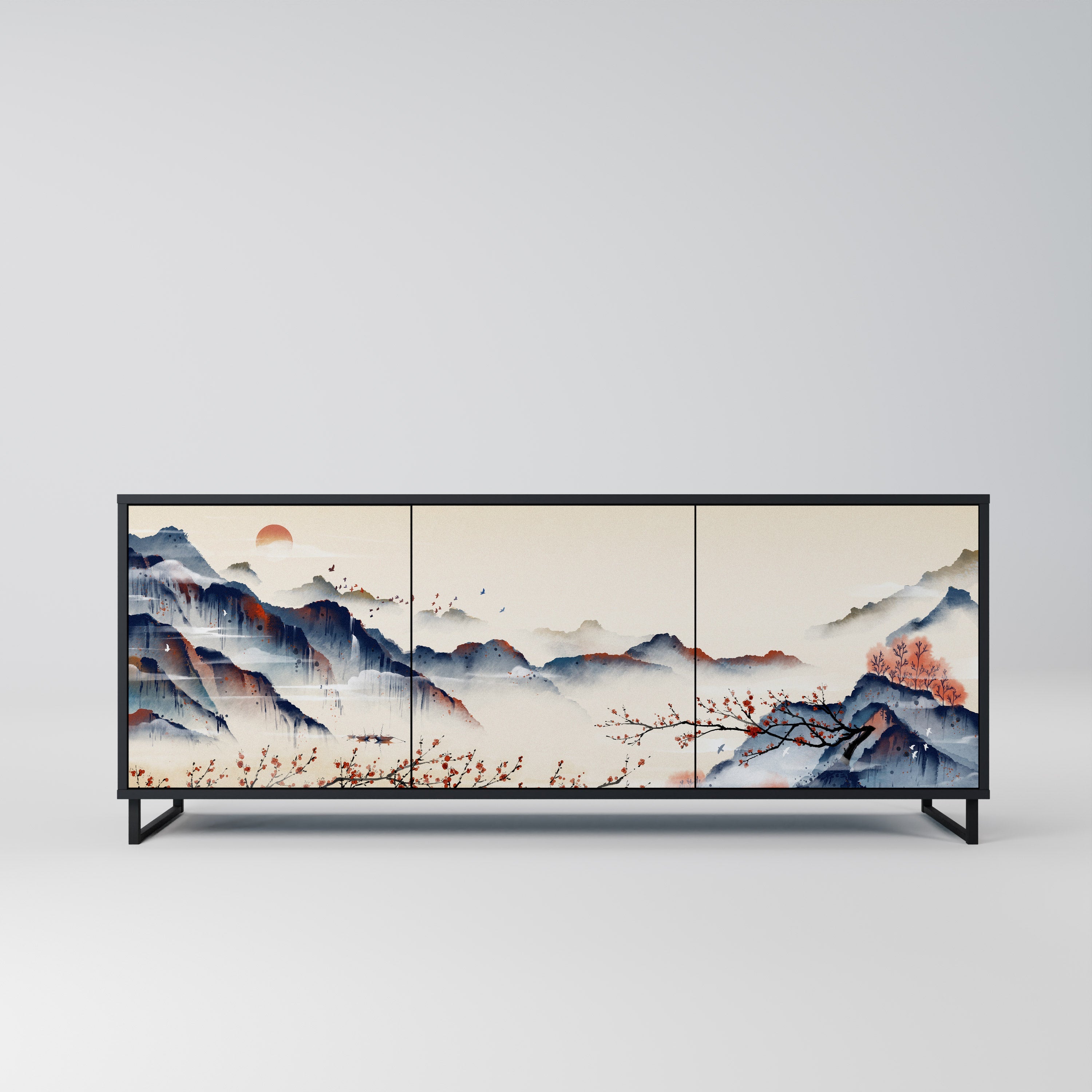 Buffet 3 portes PAYSAGE JAPONAIS finition noire