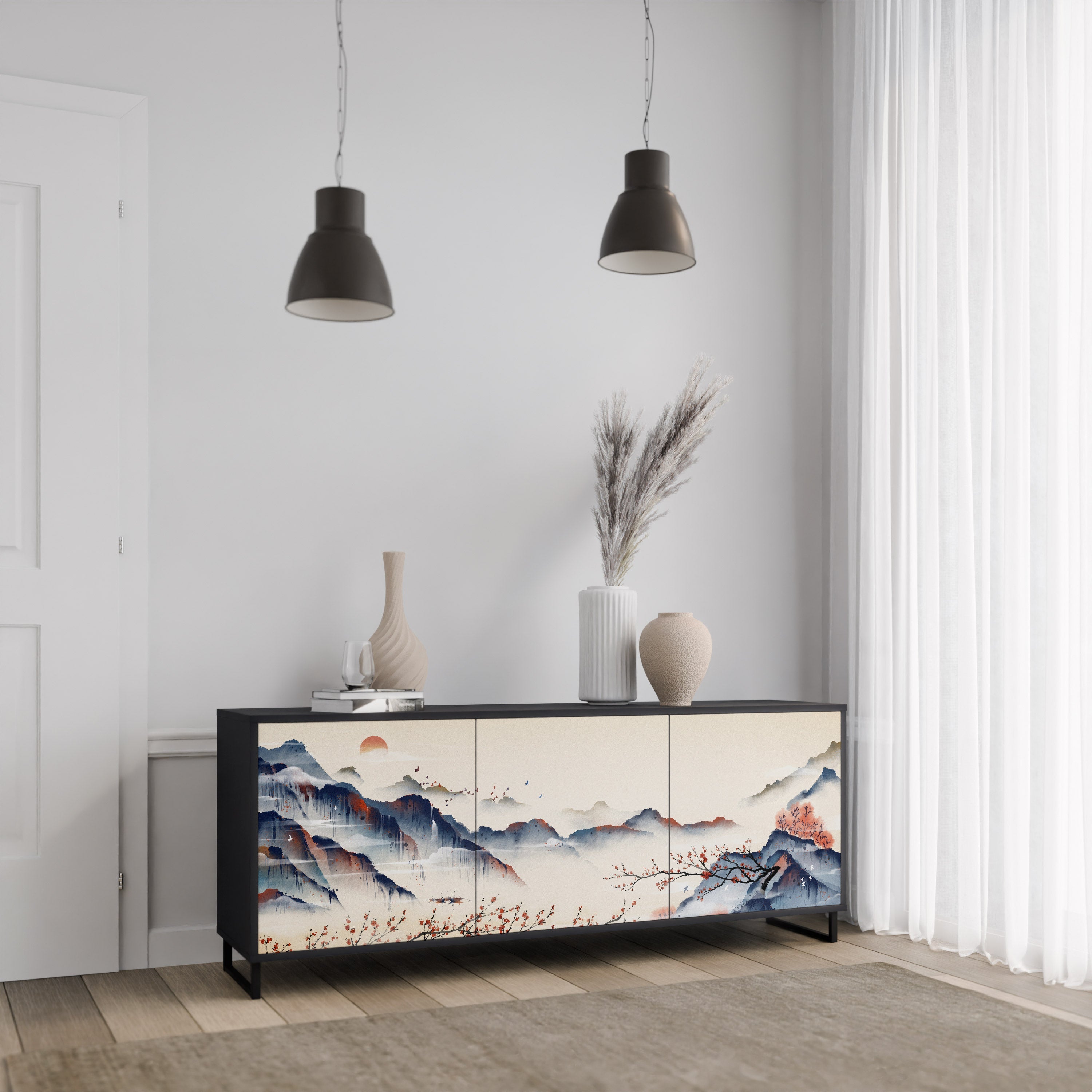 Buffet 3 portes PAYSAGE JAPONAIS finition noire