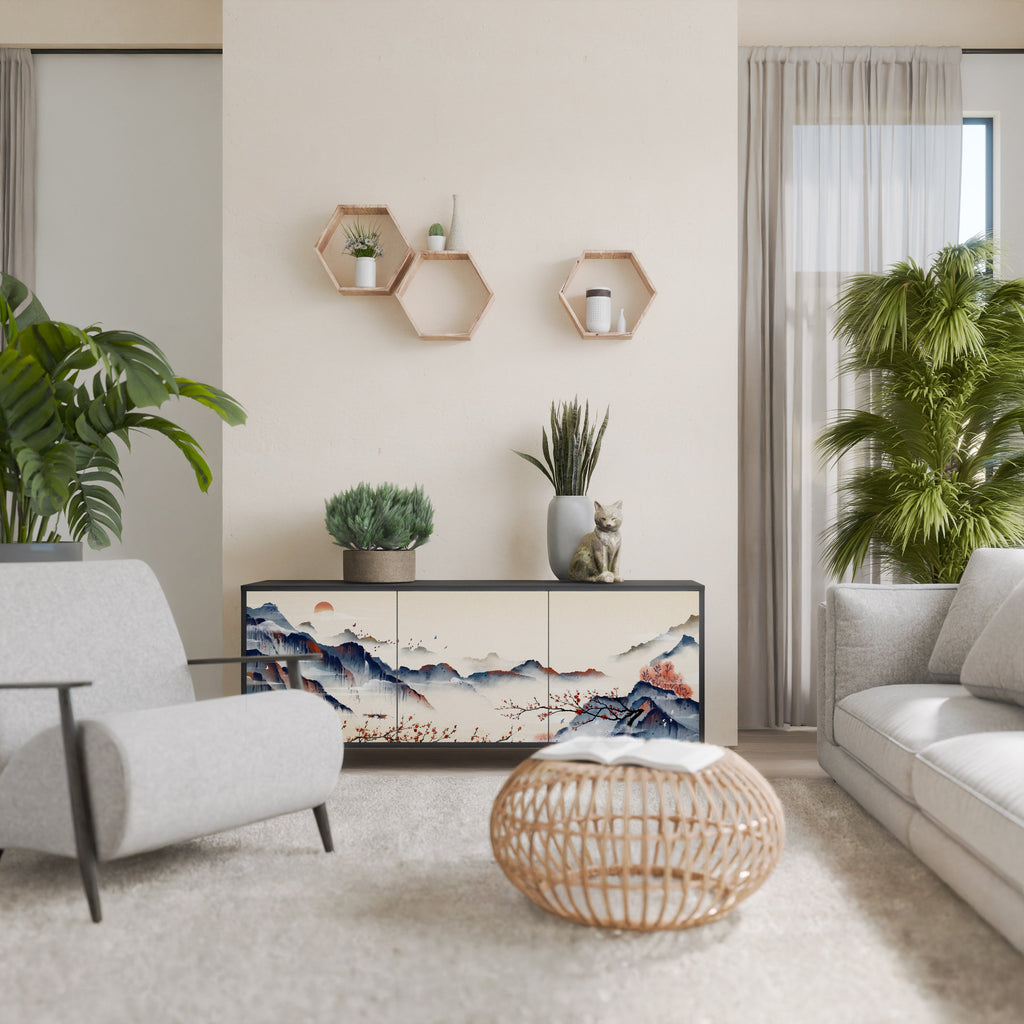 Buffet 3 portes PAYSAGE JAPONAIS finition noire