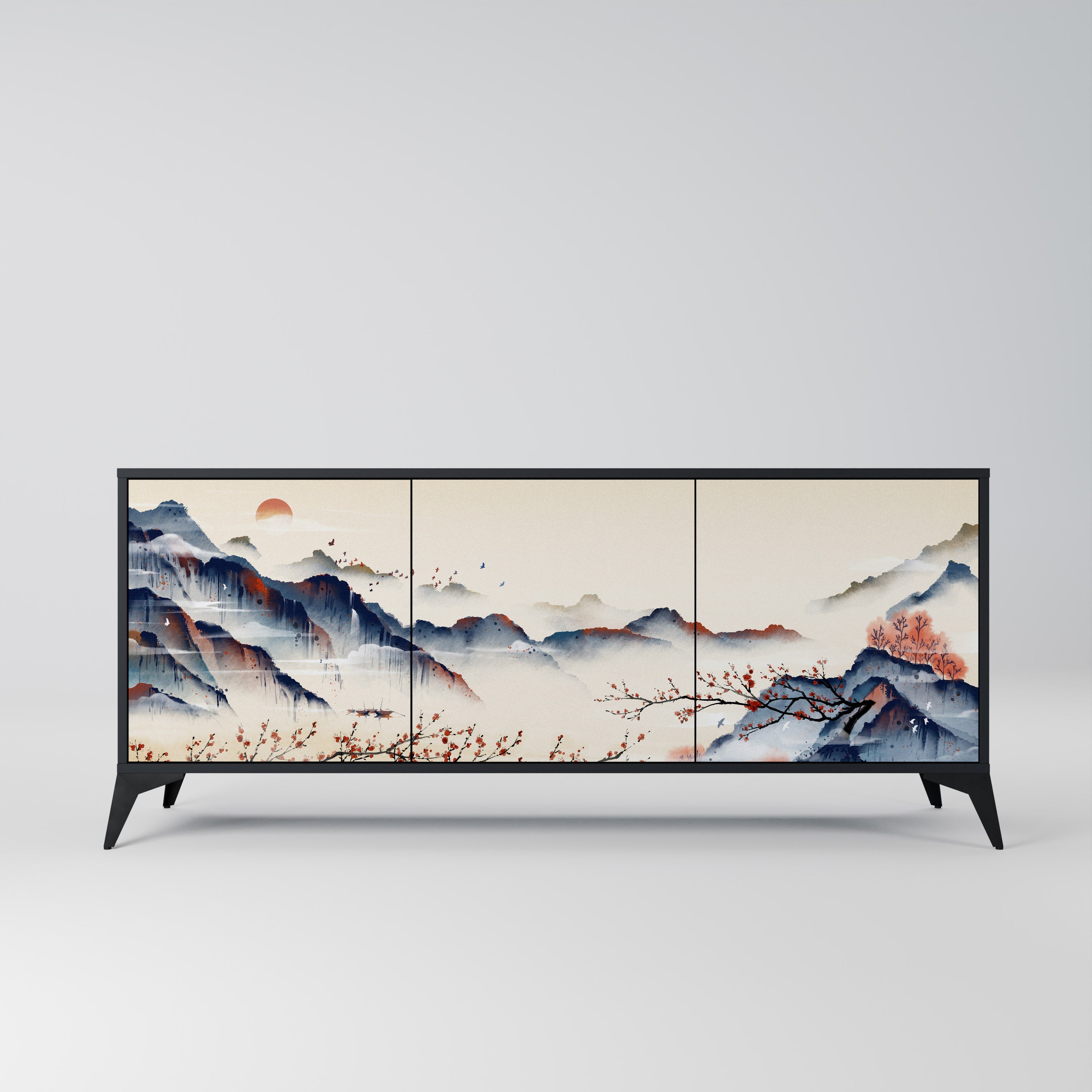 Buffet 3 portes PAYSAGE JAPONAIS finition noire