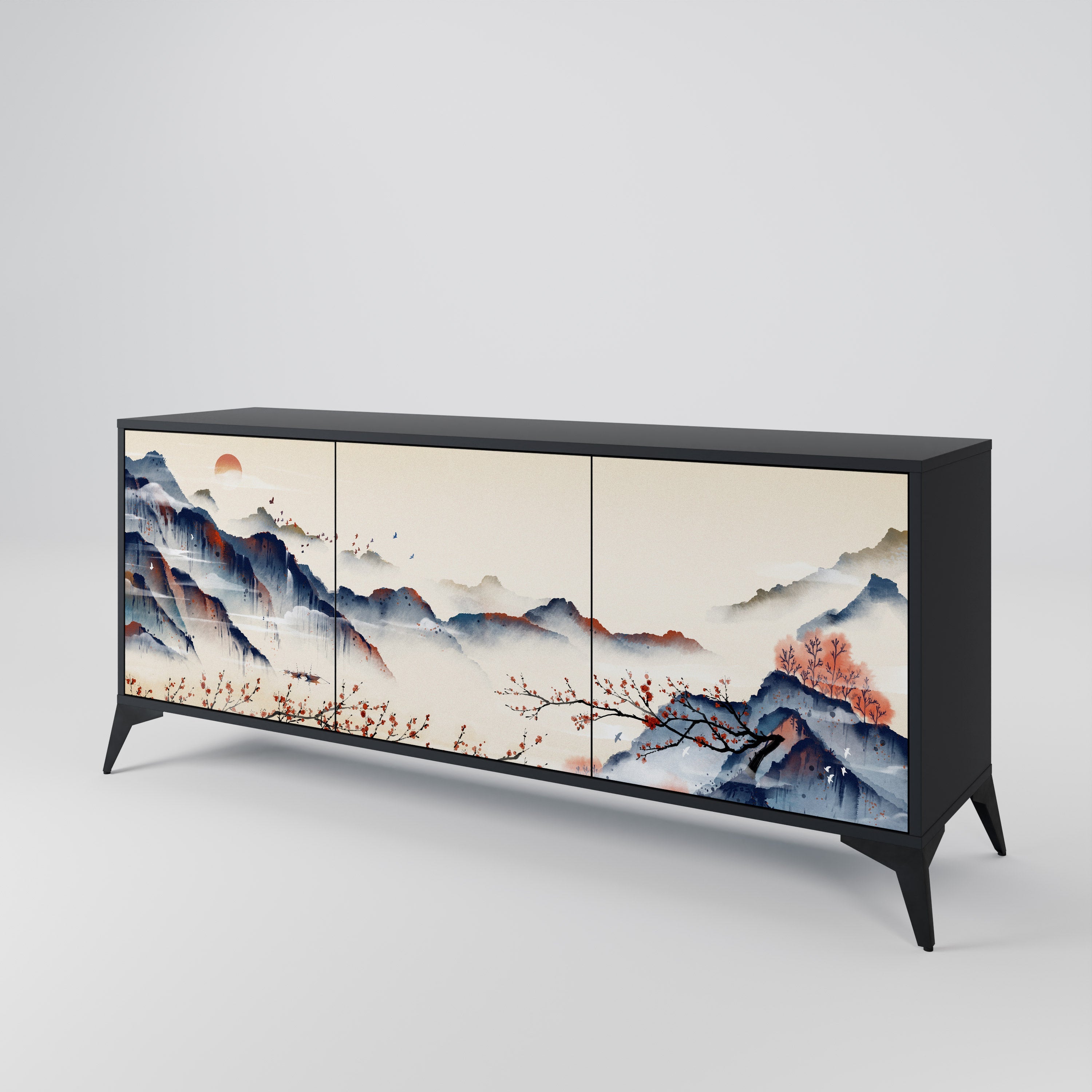 Buffet 3 portes PAYSAGE JAPONAIS finition noire
