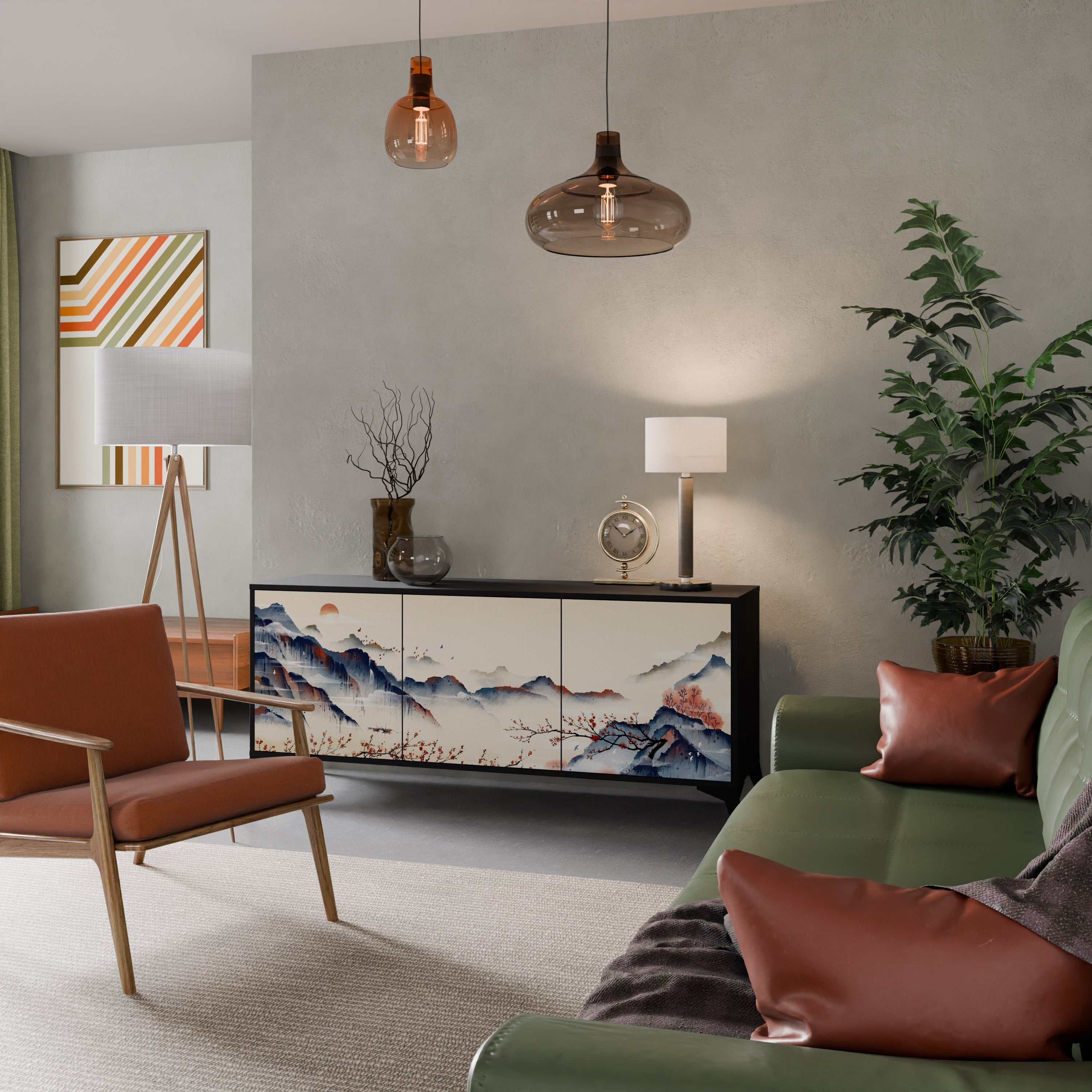 Buffet 3 portes PAYSAGE JAPONAIS finition noire