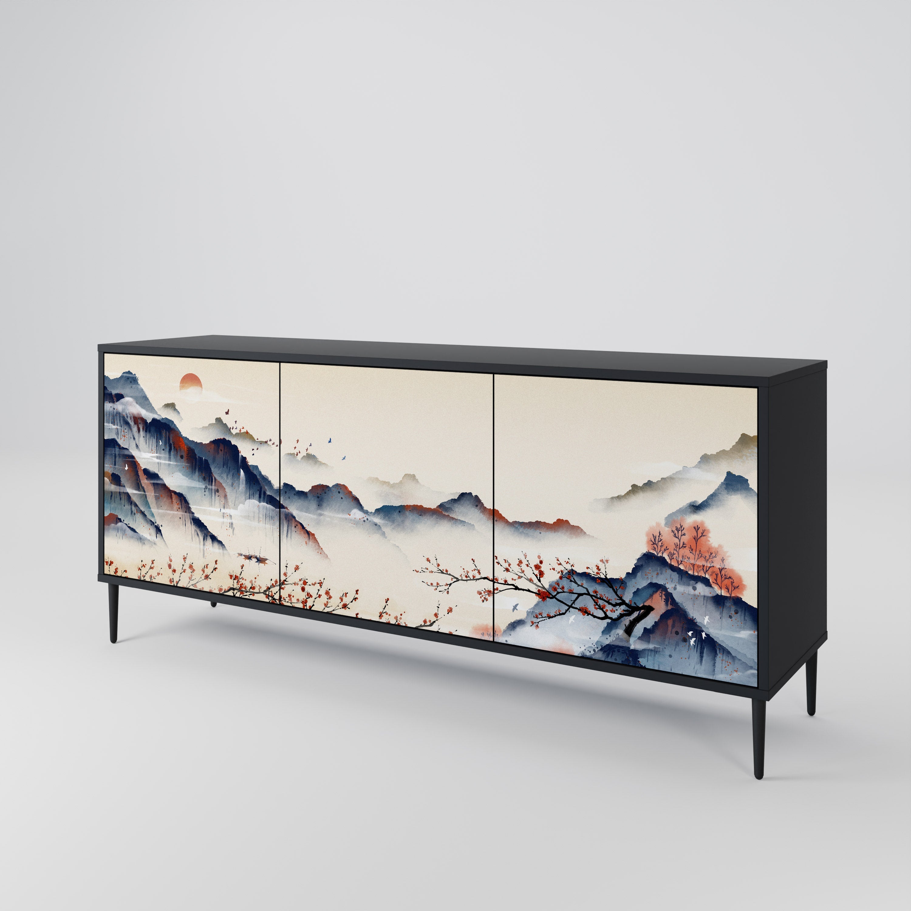 Buffet 3 portes PAYSAGE JAPONAIS finition noire