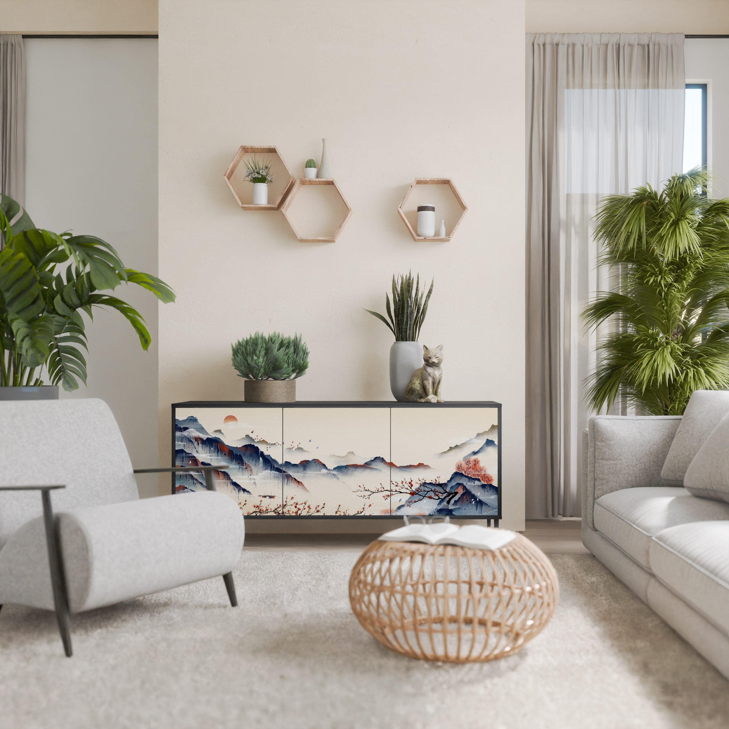 Buffet 3 portes PAYSAGE JAPONAIS finition noire