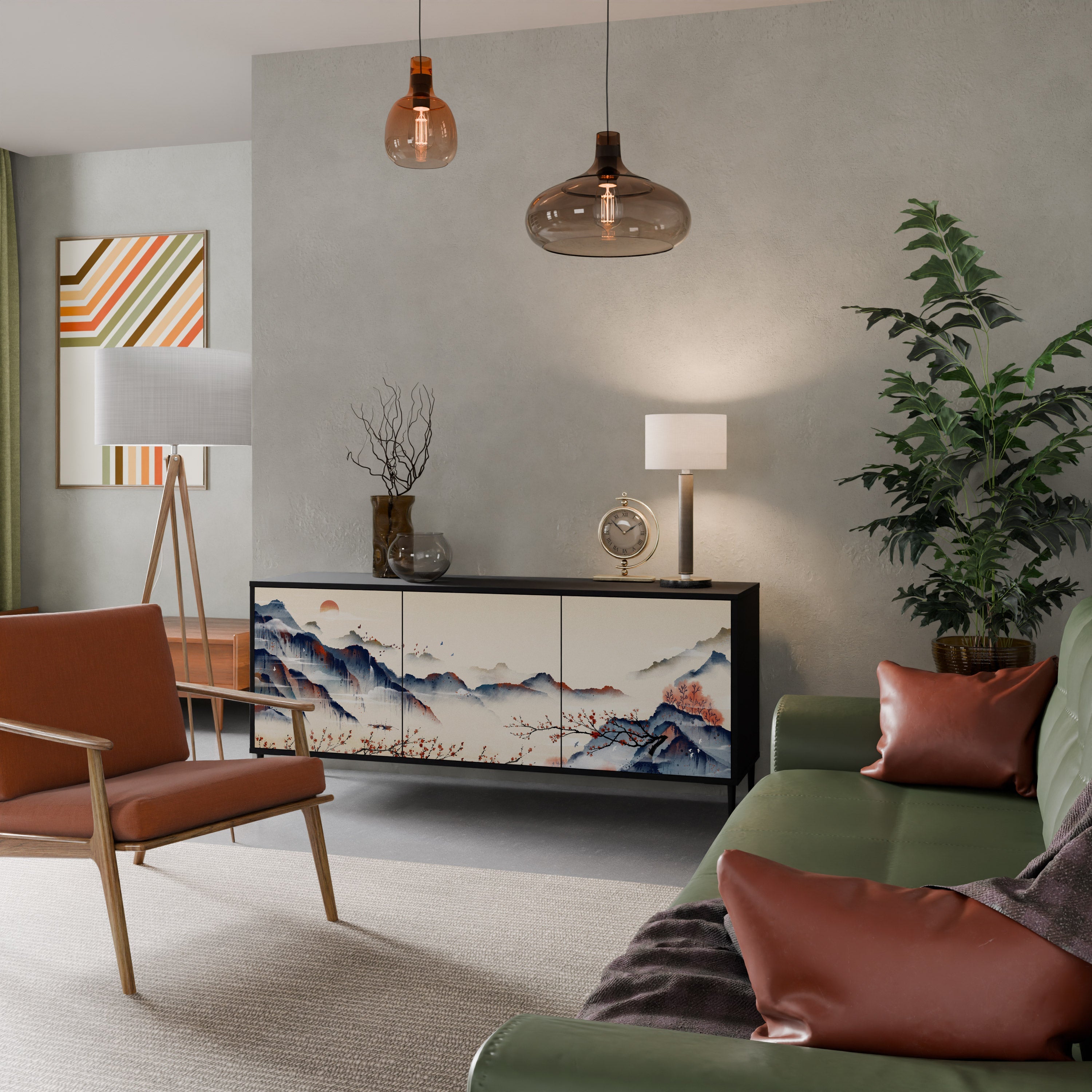 Buffet 3 portes PAYSAGE JAPONAIS finition noire