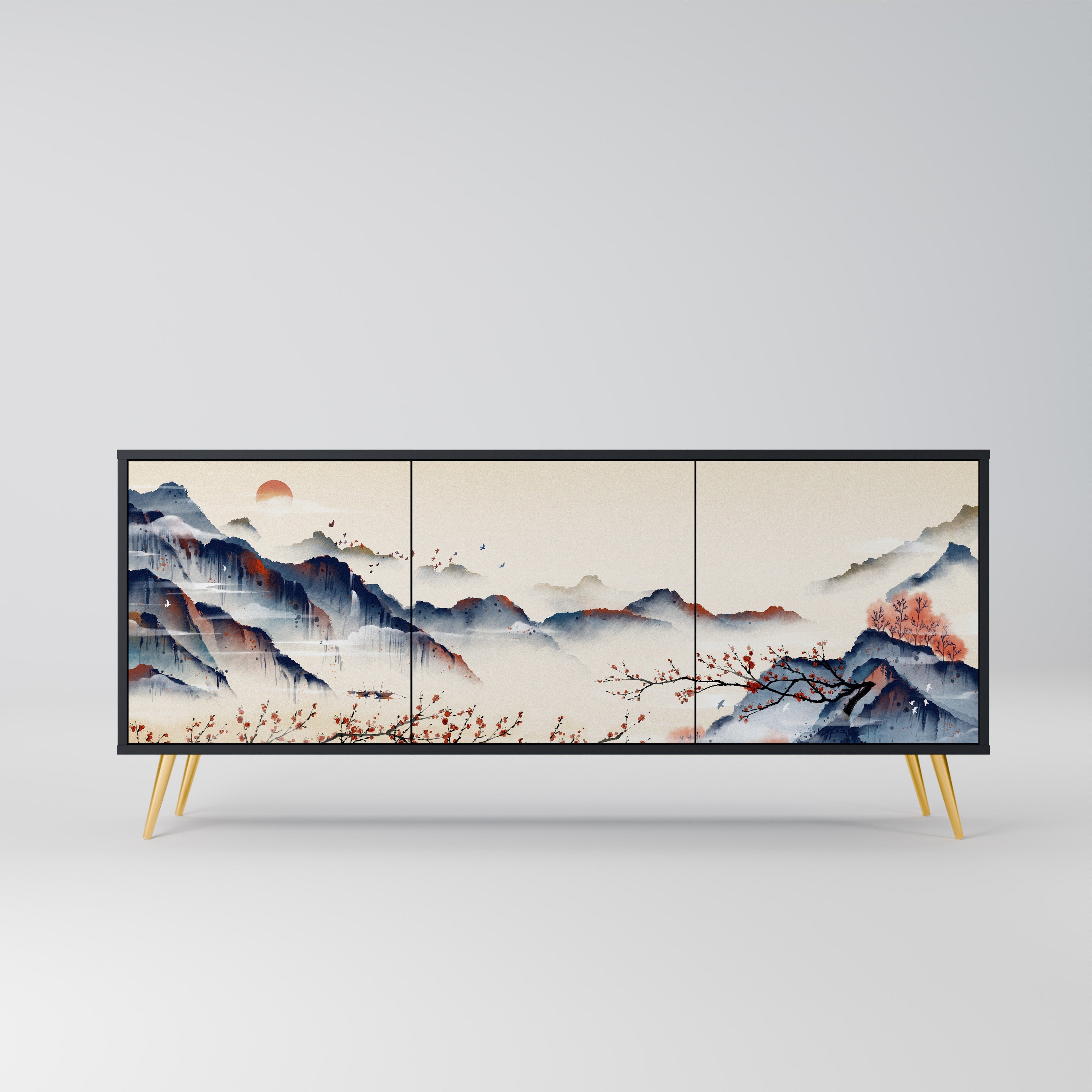 Buffet 3 portes PAYSAGE JAPONAIS finition noire