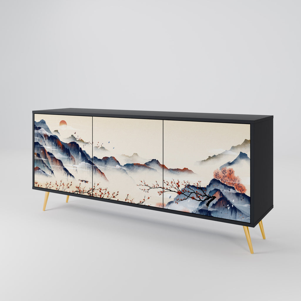 Buffet 3 portes PAYSAGE JAPONAIS finition noire