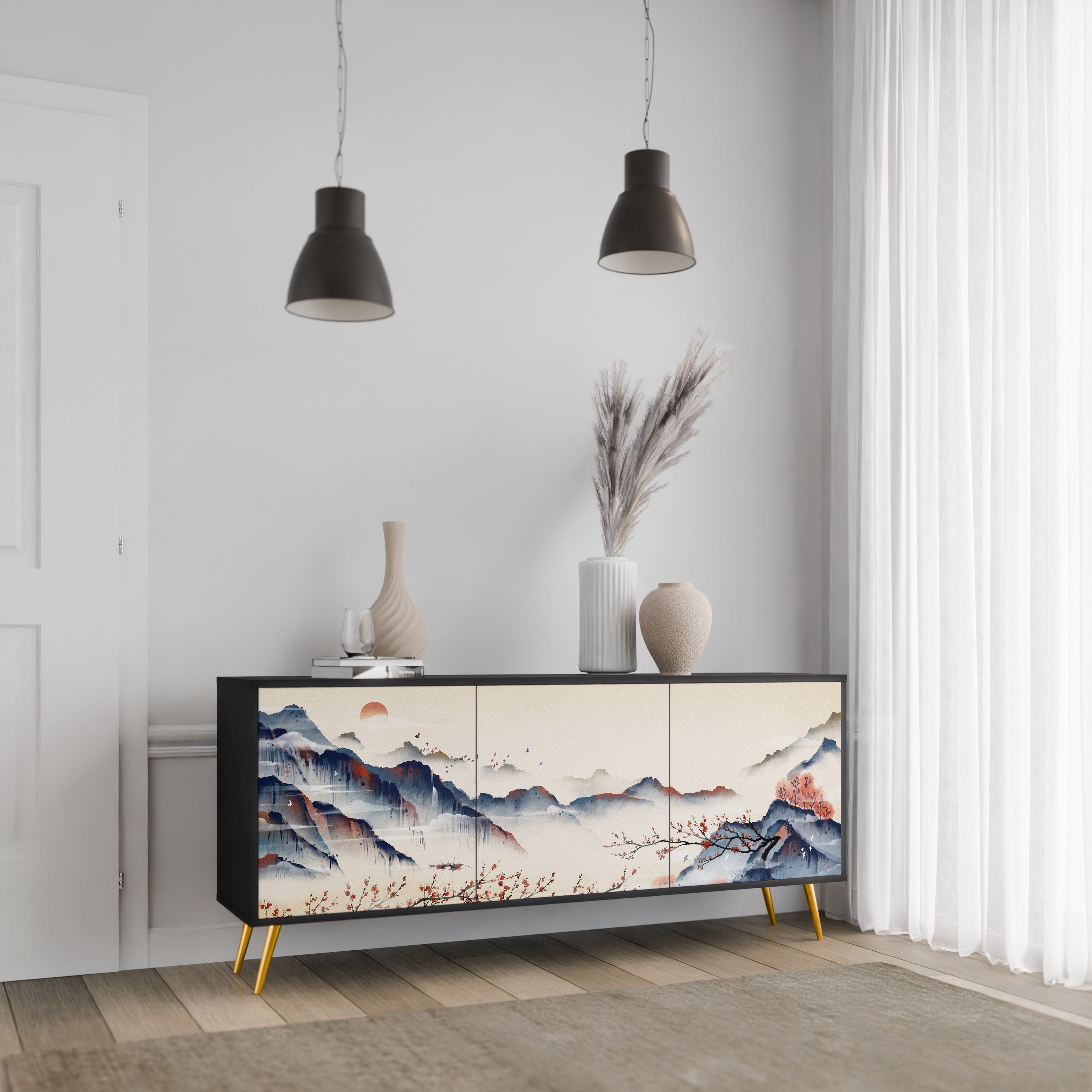 Buffet 3 portes PAYSAGE JAPONAIS finition noire