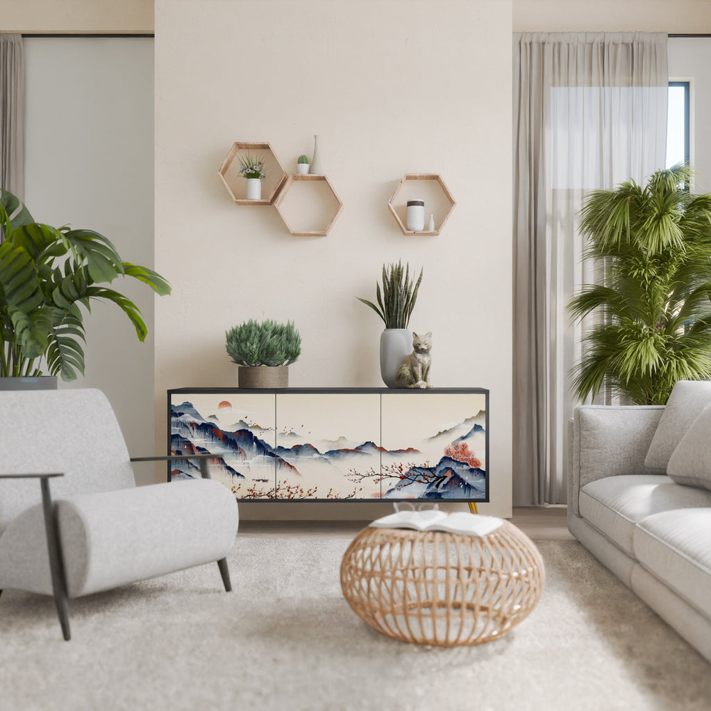 Buffet 3 portes PAYSAGE JAPONAIS finition noire