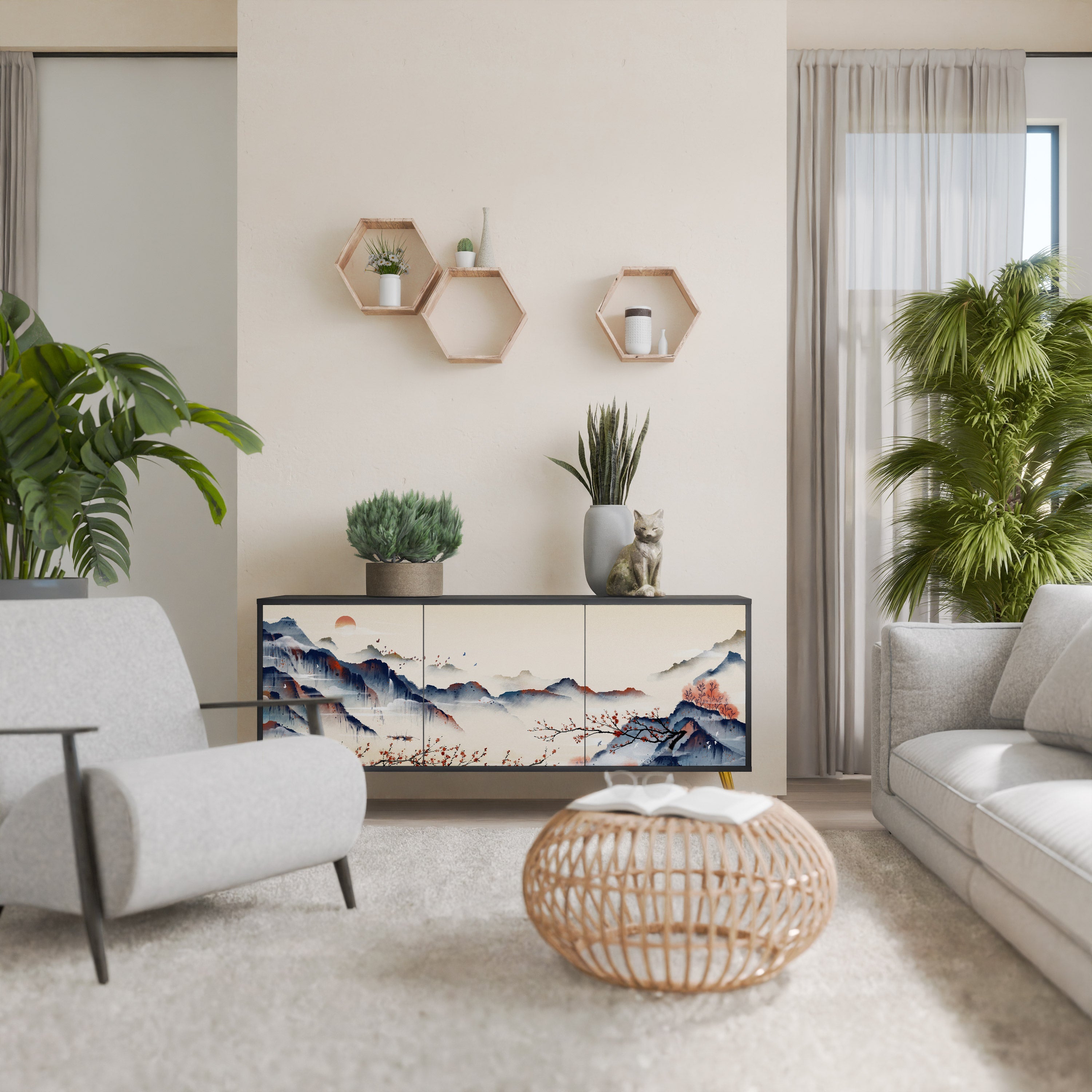 Buffet 3 portes PAYSAGE JAPONAIS finition noire