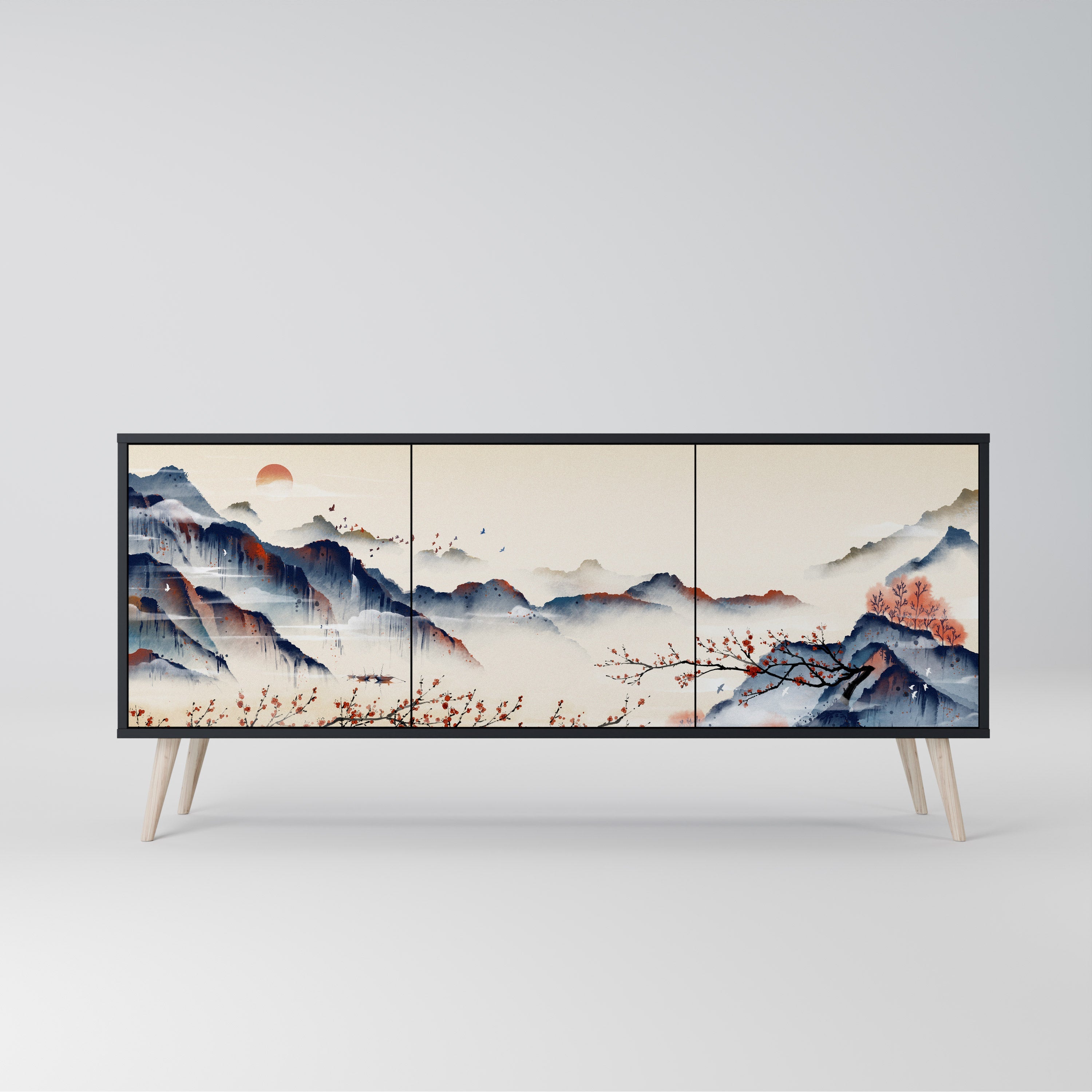 Buffet 3 portes PAYSAGE JAPONAIS finition noire