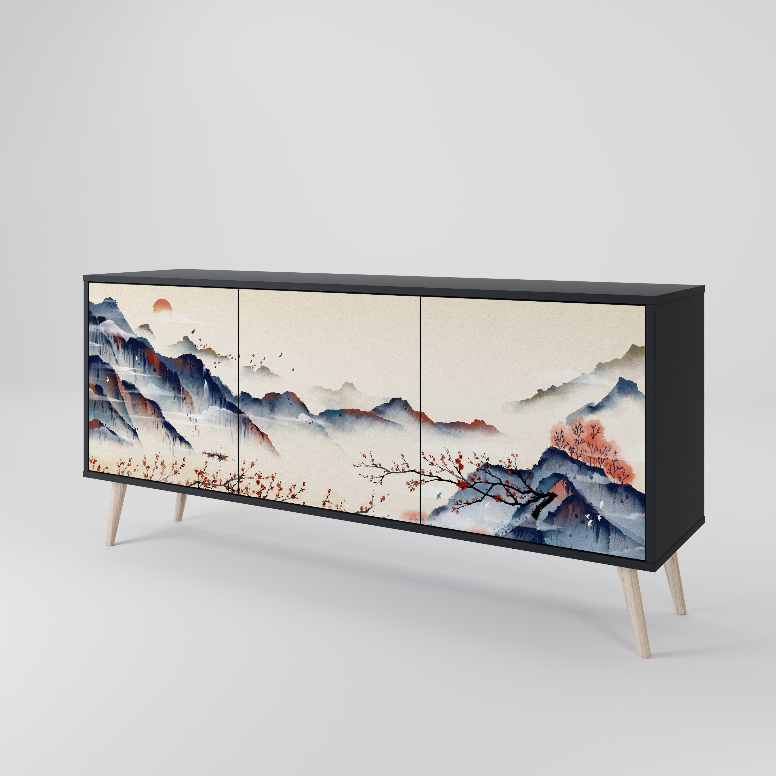 Buffet 3 portes PAYSAGE JAPONAIS finition noire