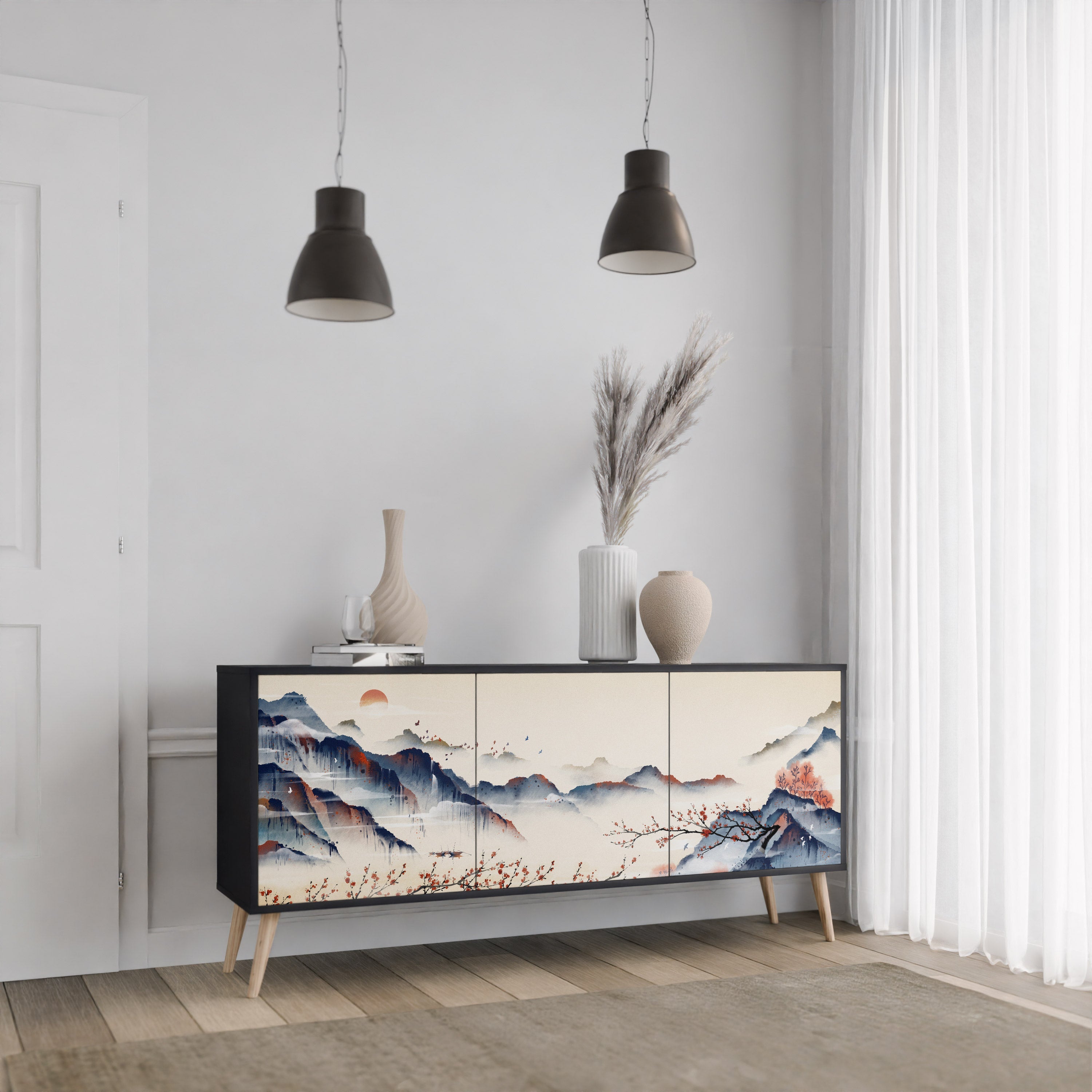 Buffet 3 portes PAYSAGE JAPONAIS finition noire
