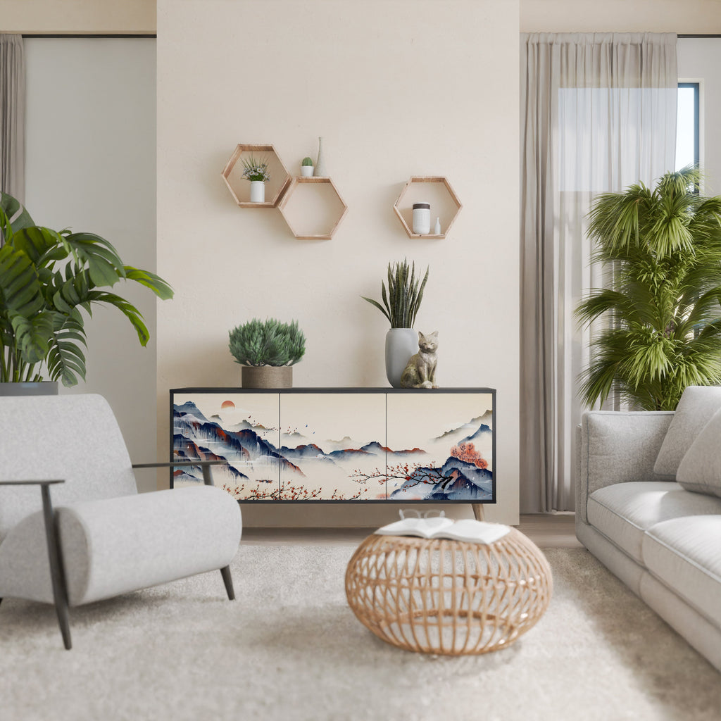 Buffet 3 portes PAYSAGE JAPONAIS finition noire