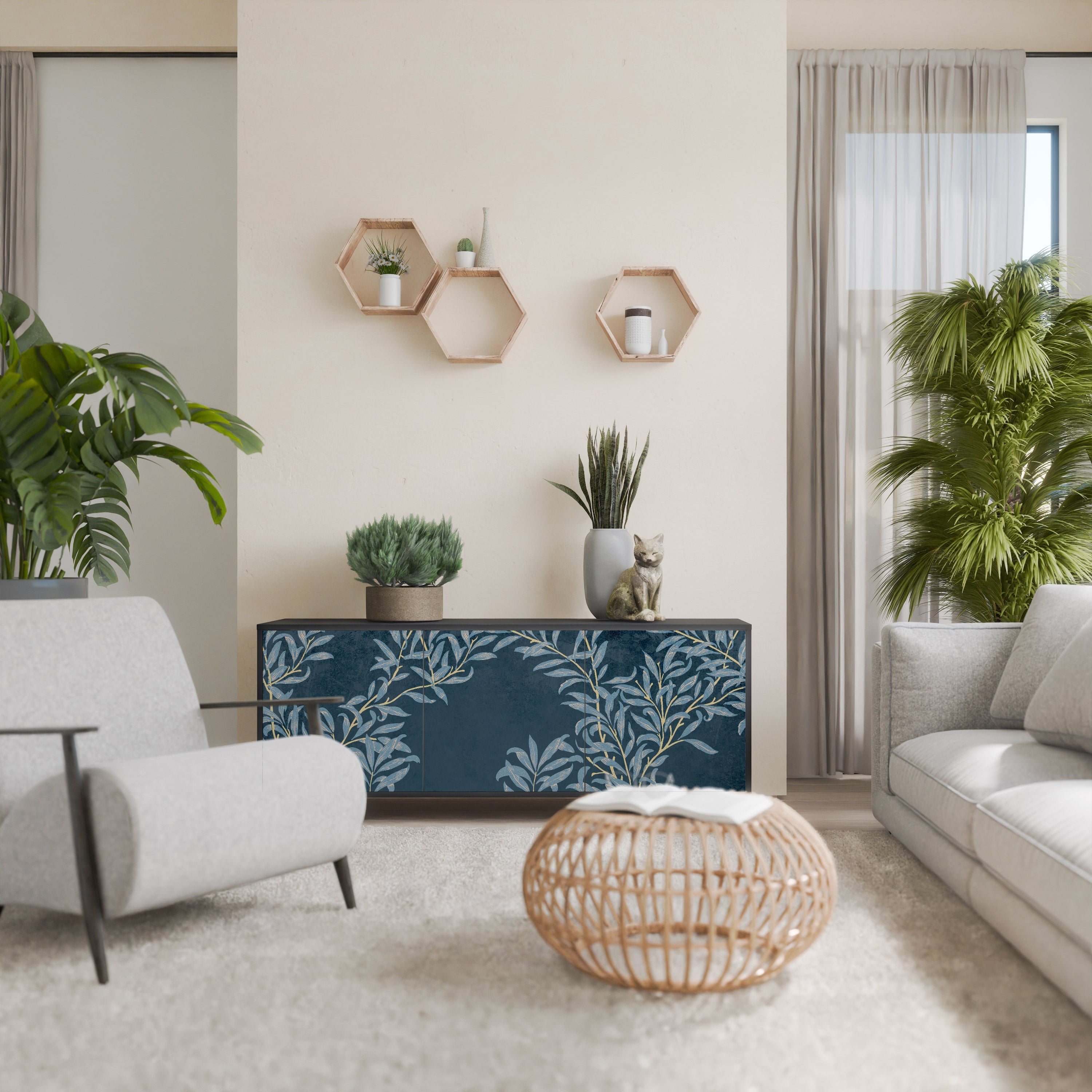 Buffet 3 portes BLUE LEAVES en finition noire