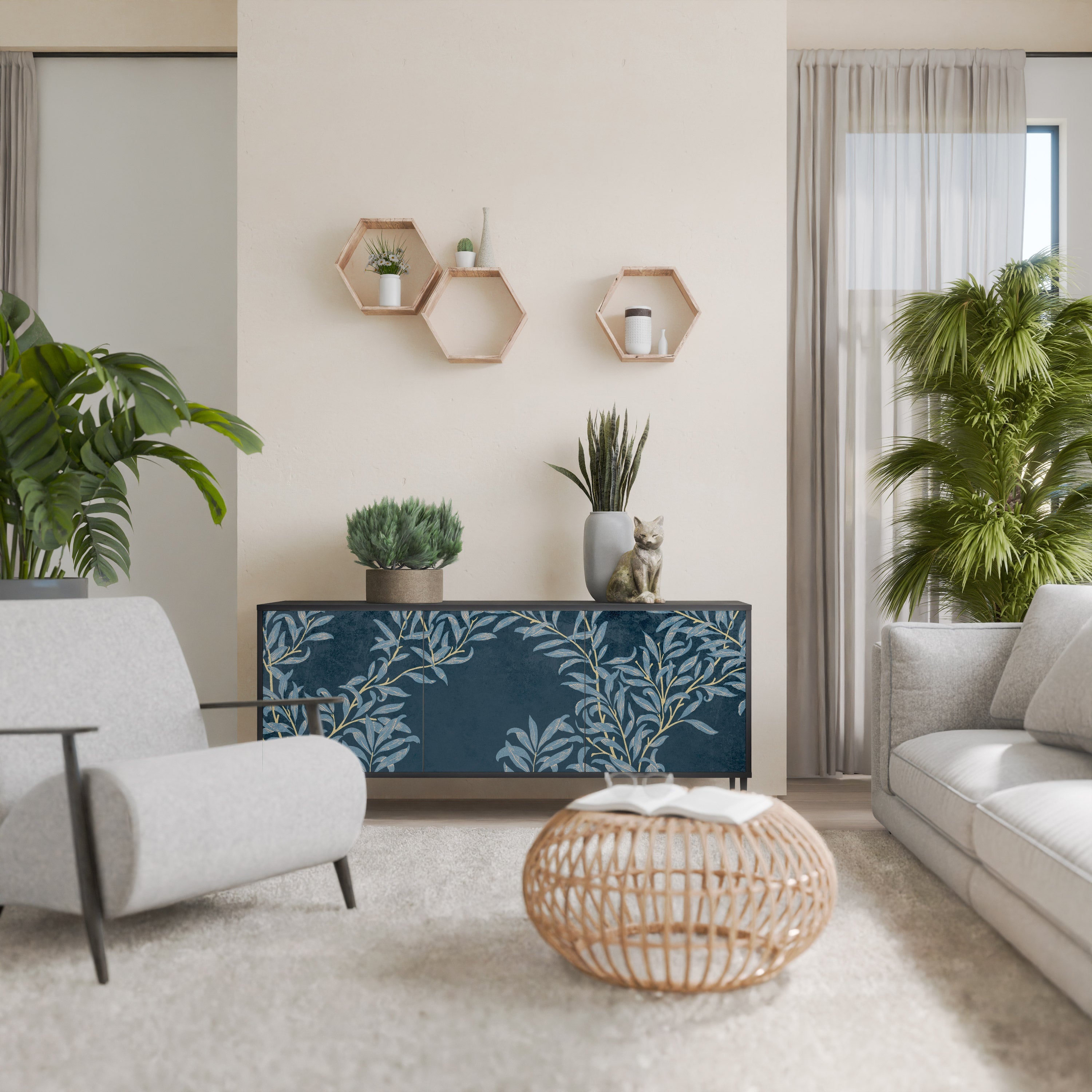 Buffet 3 portes BLUE LEAVES en finition noire