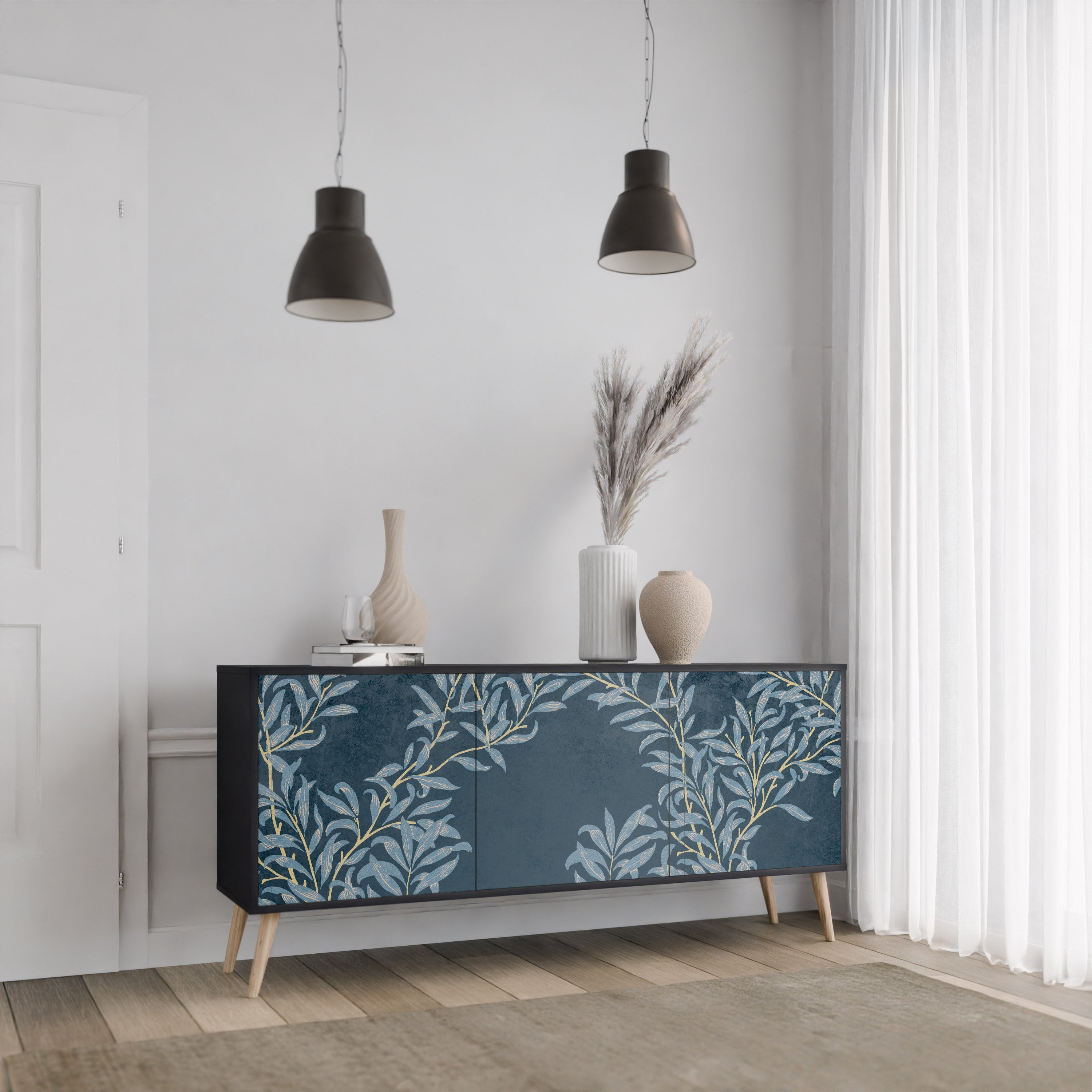 Buffet 3 portes BLUE LEAVES en finition noire