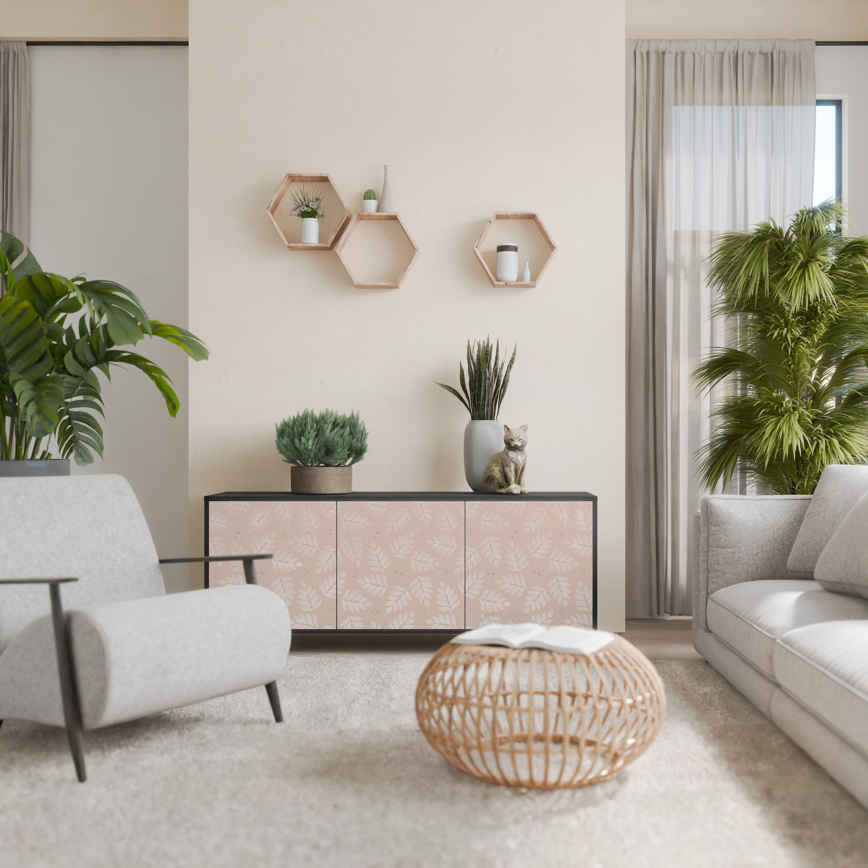 Buffet 3 portes LEAVES ON BEIGE finition noire