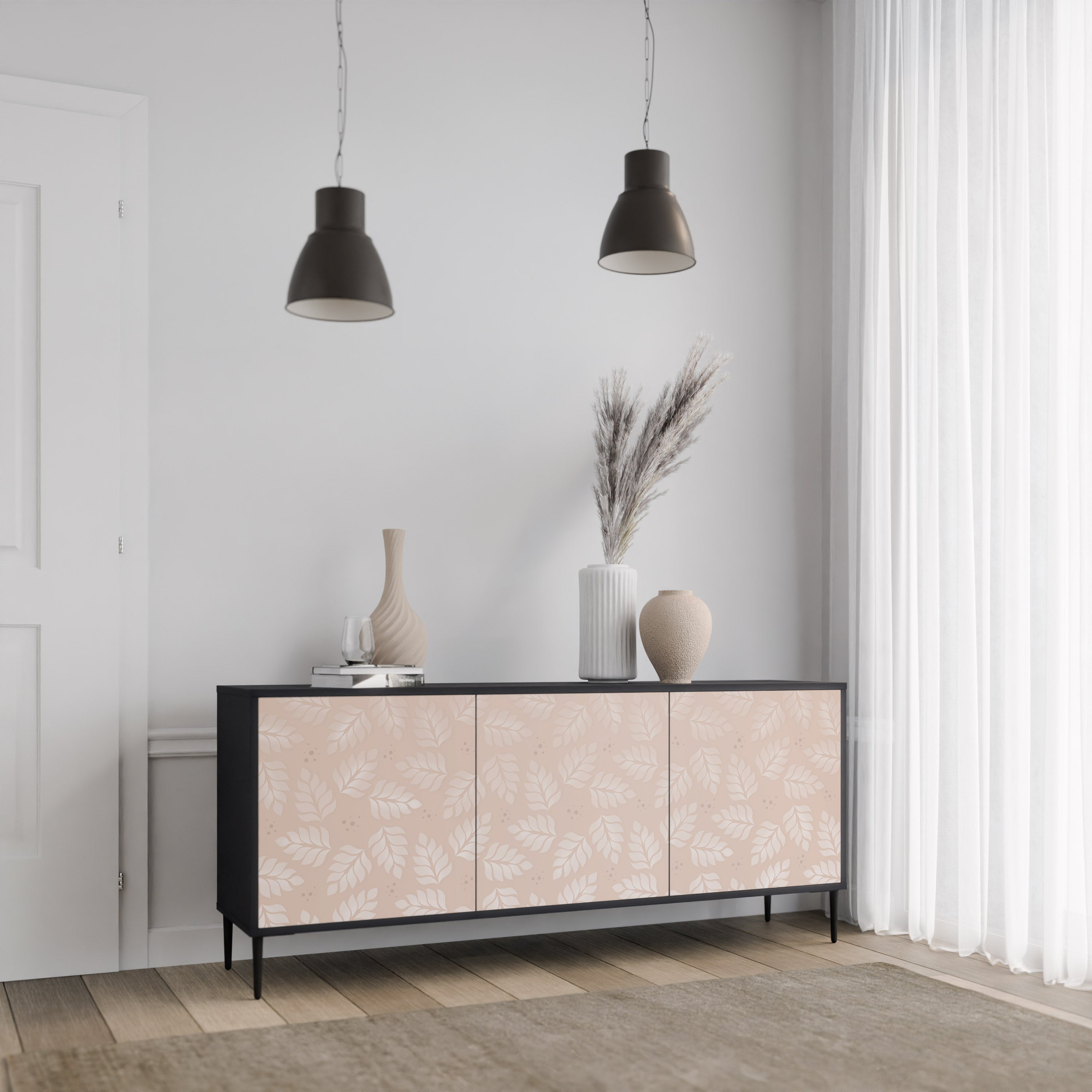 Buffet 3 portes LEAVES ON BEIGE finition noire