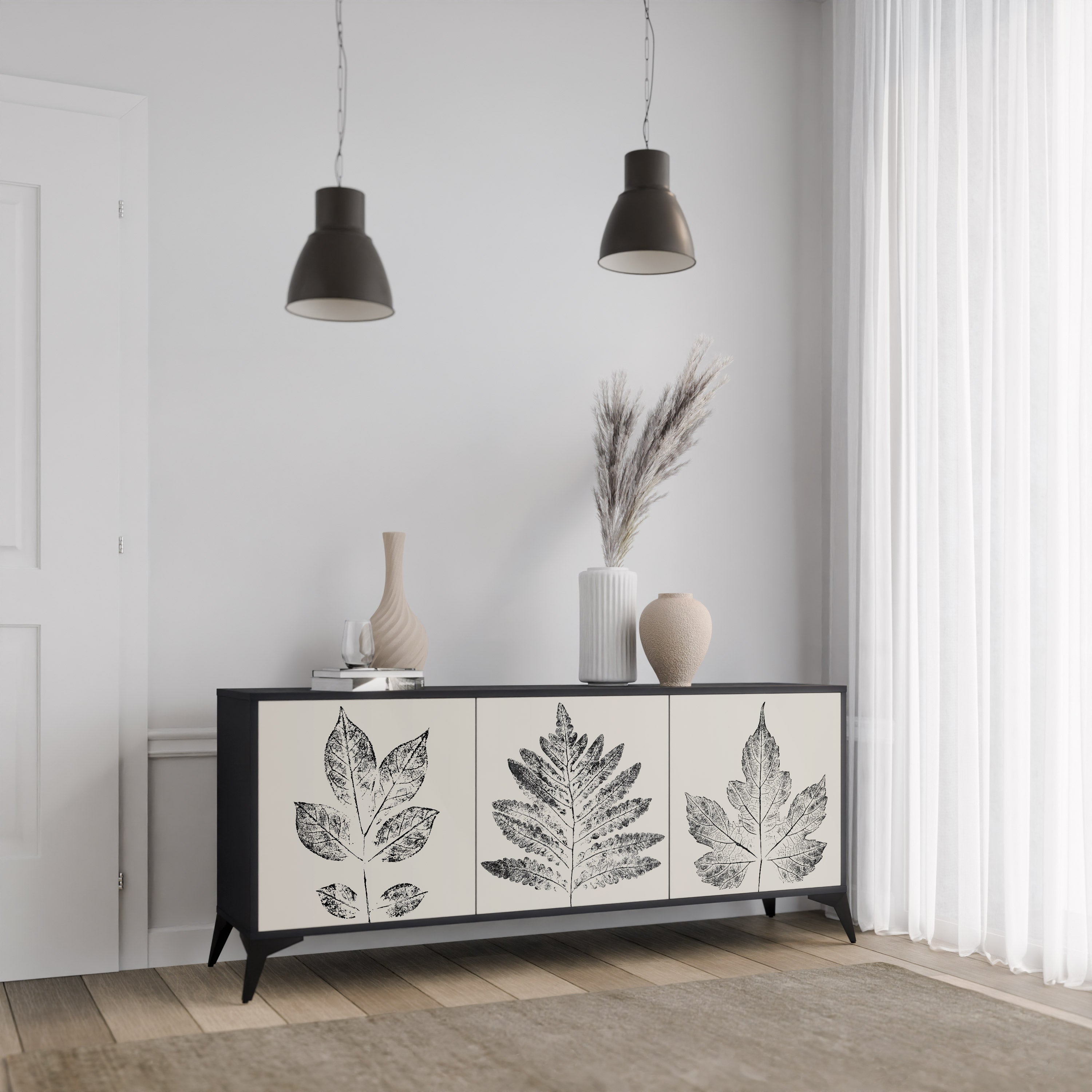 Buffet 3 portes LEAFY STAMPS finition noire