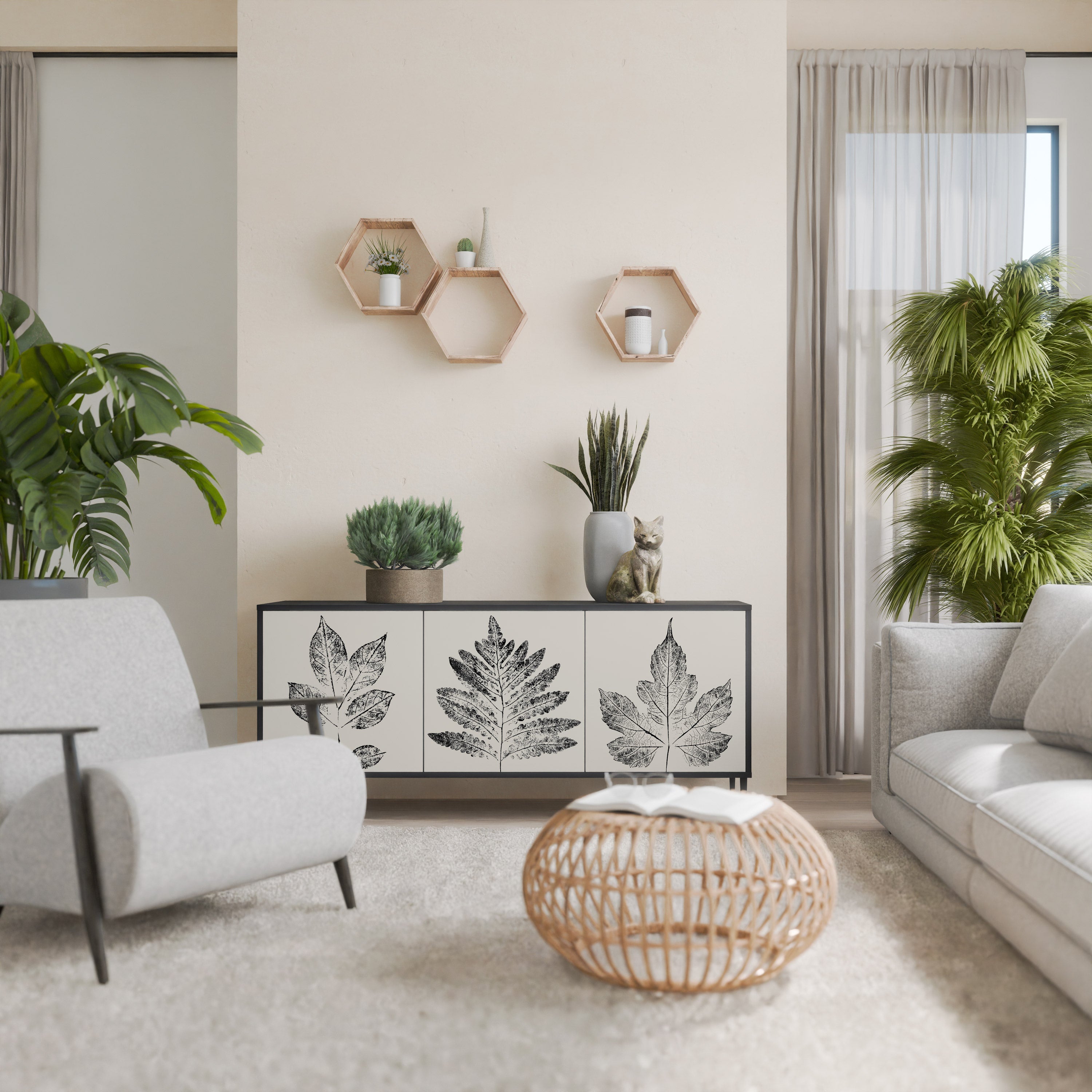 Buffet 3 portes LEAFY STAMPS finition noire