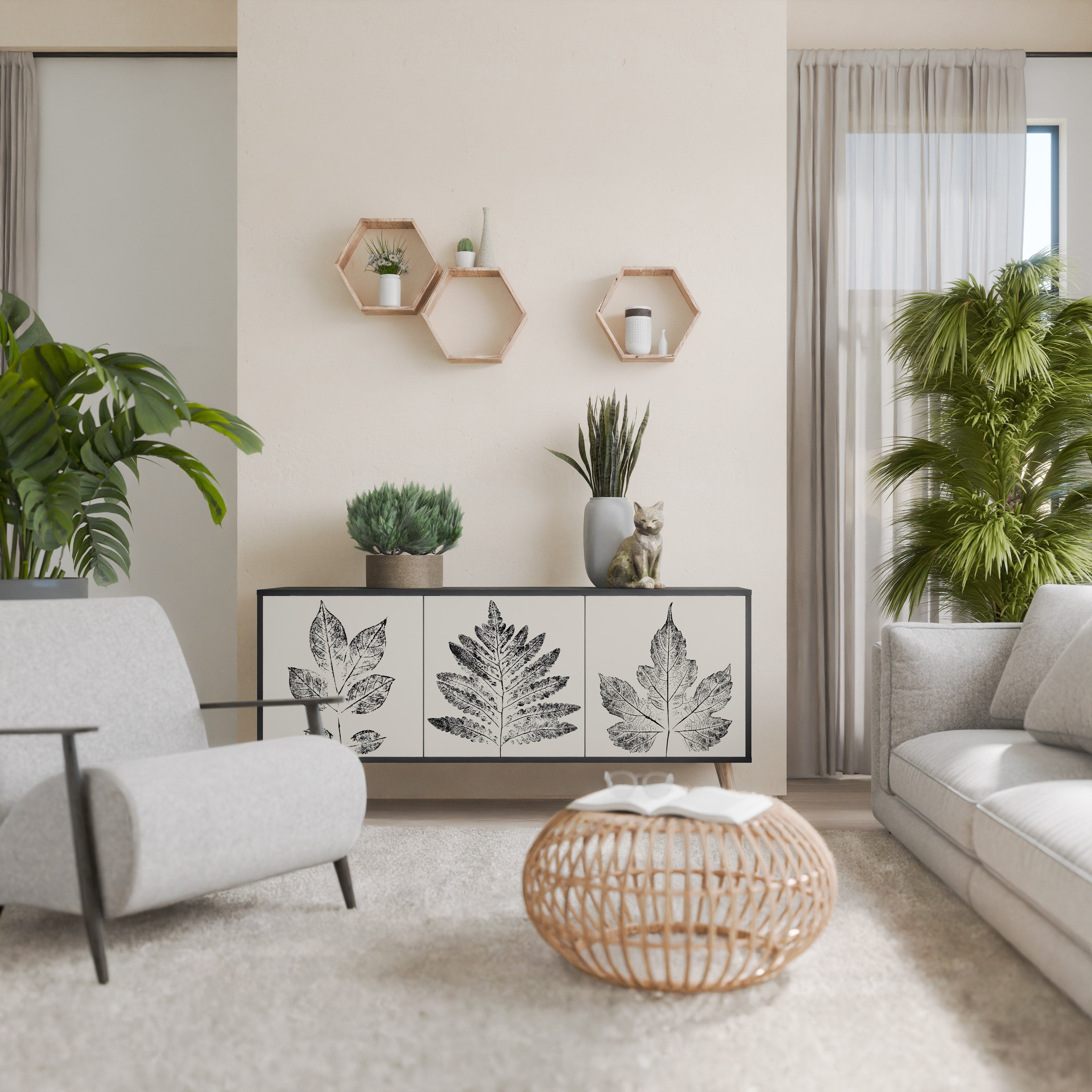 Buffet 3 portes LEAFY STAMPS finition noire