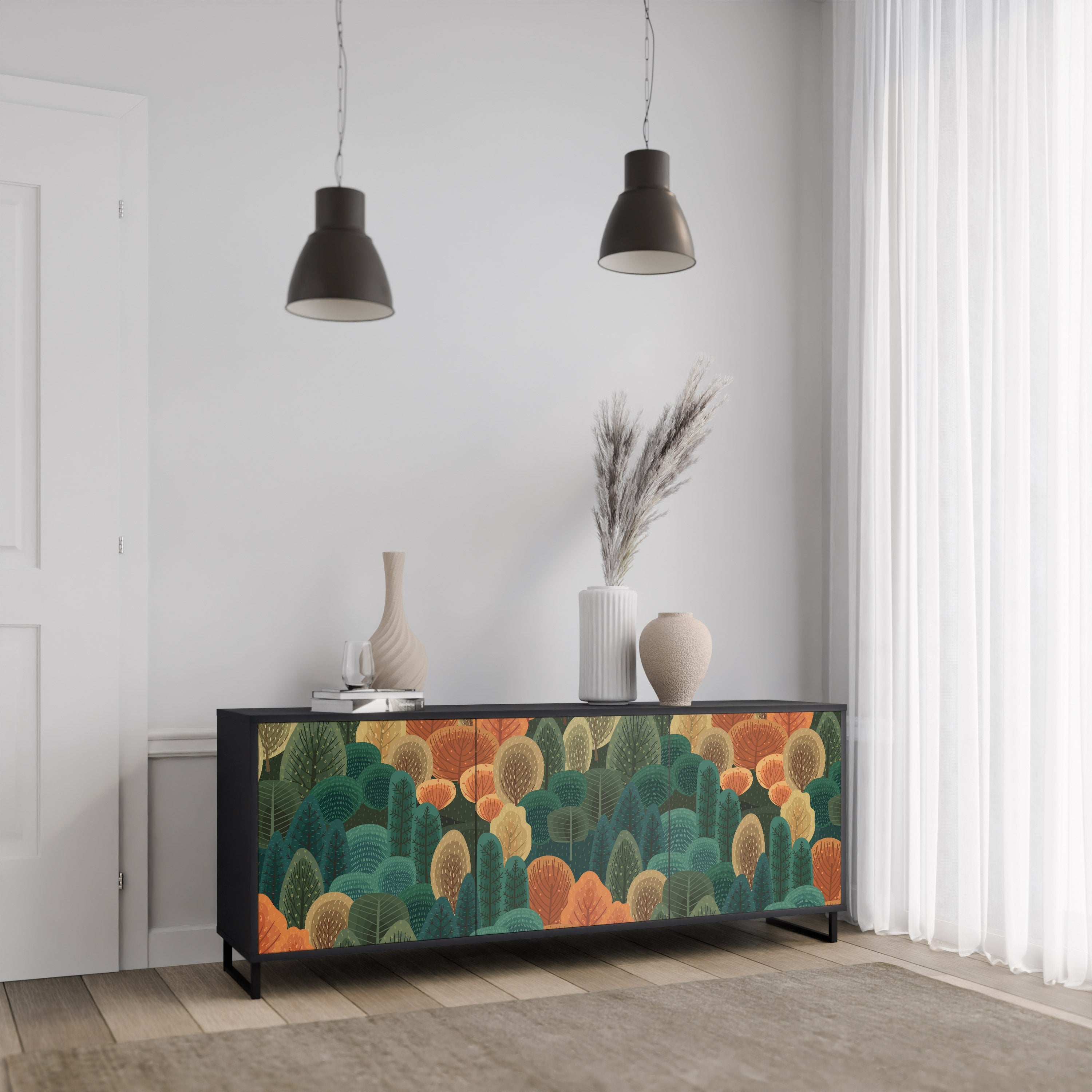 Buffet 3 portes KALEIDOSCOPE D'AUTOMNE en finition noire
