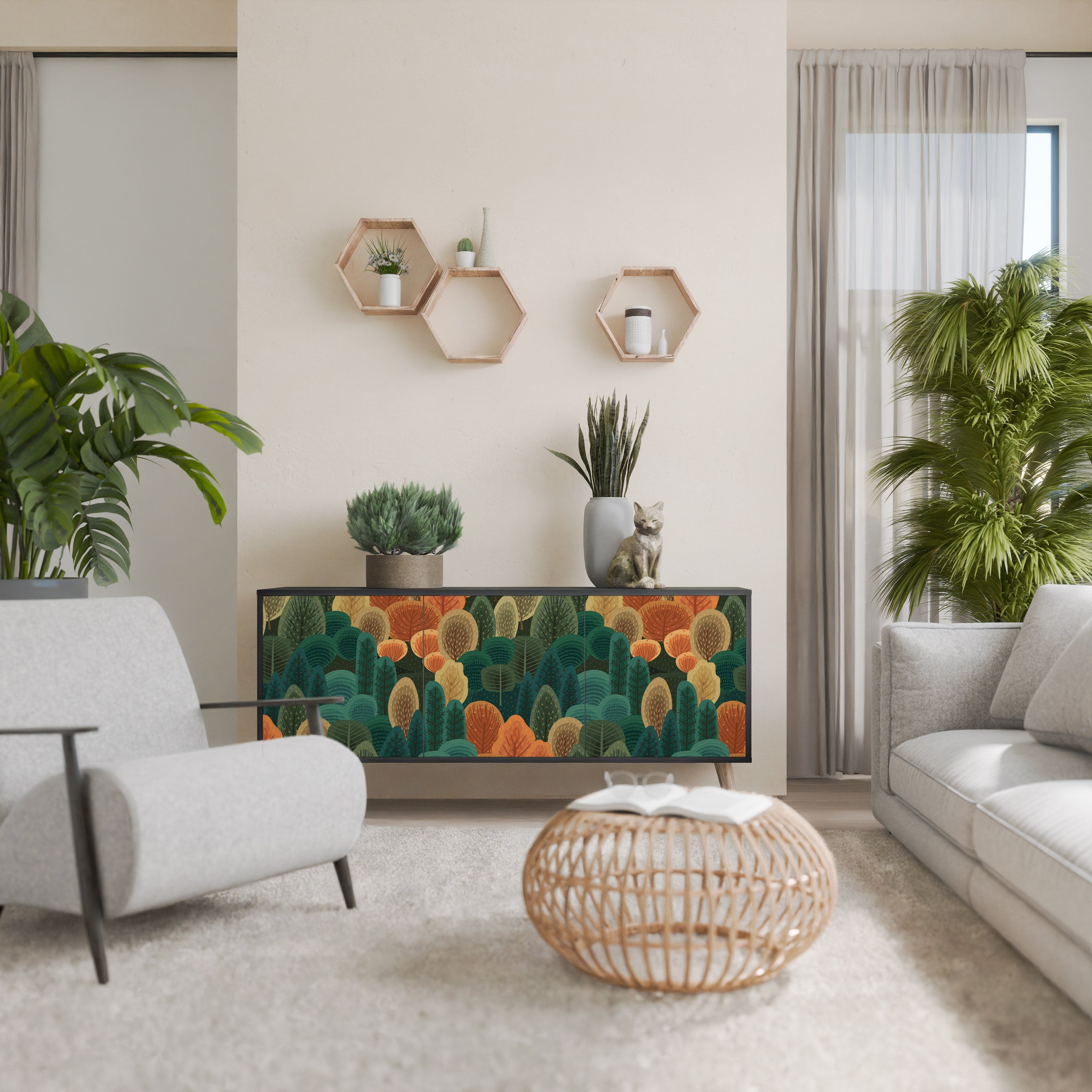 Buffet 3 portes KALEIDOSCOPE D'AUTOMNE en finition noire