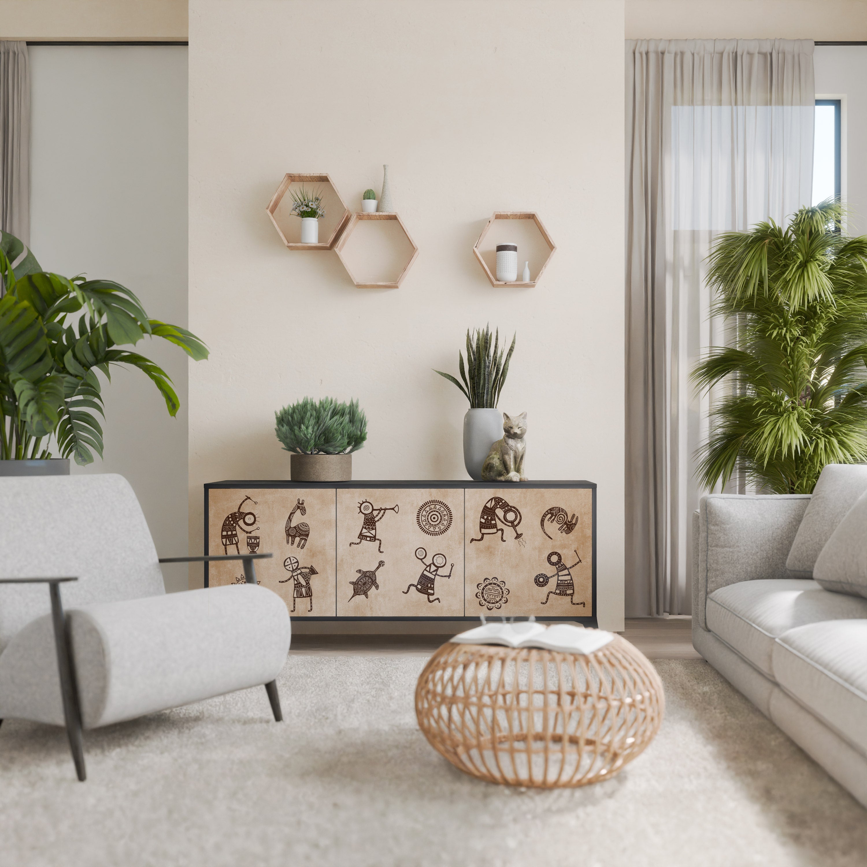 Buffet 3 portes de style africain en finition noire