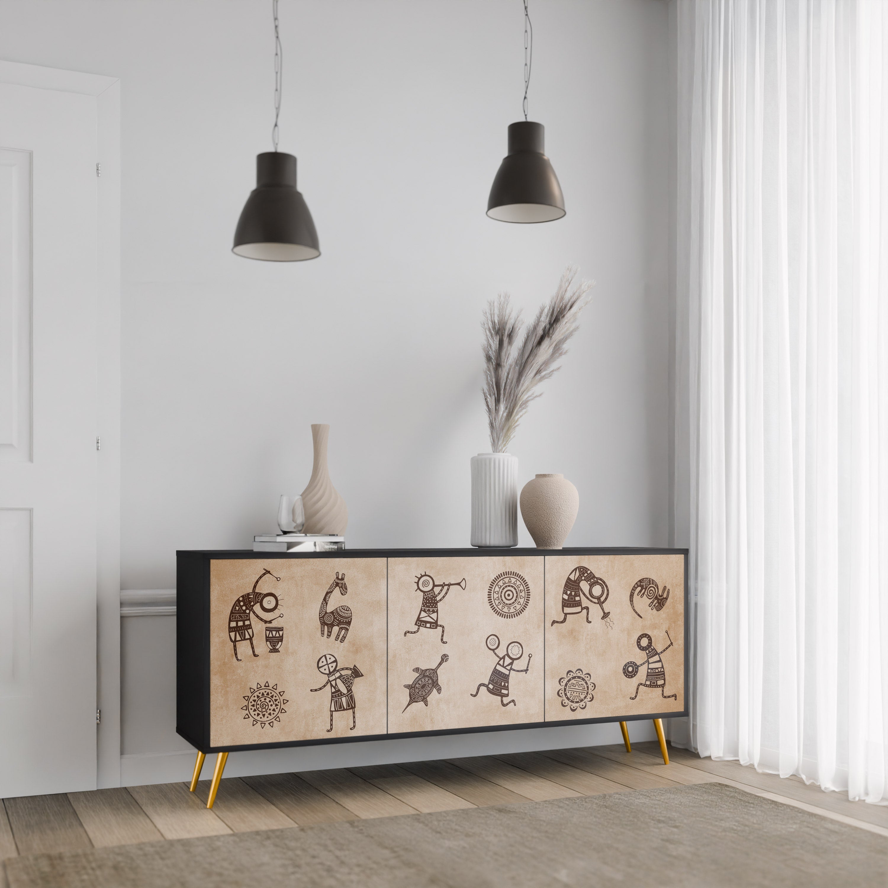 Buffet 3 portes de style africain en finition noire