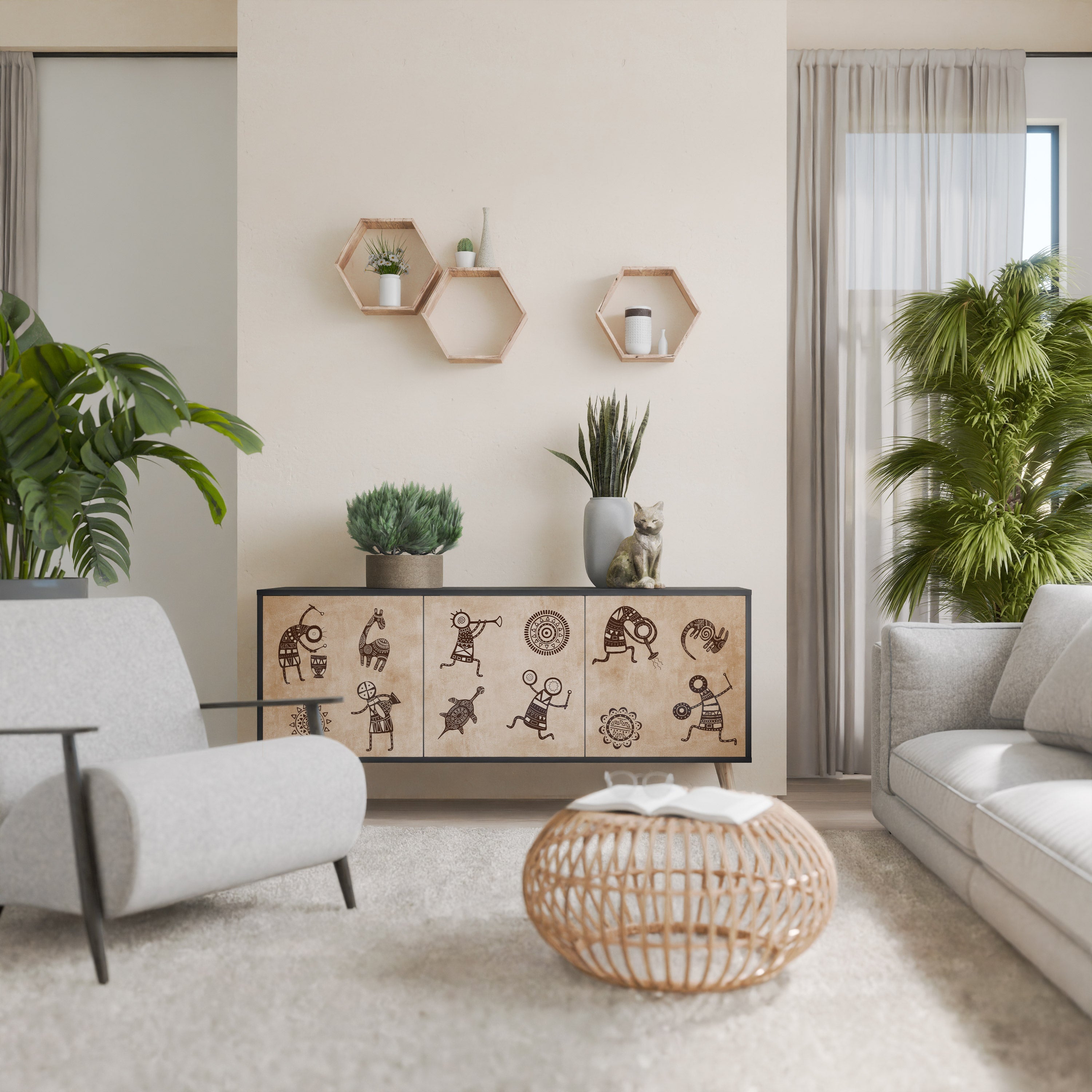 Buffet 3 portes de style africain en finition noire