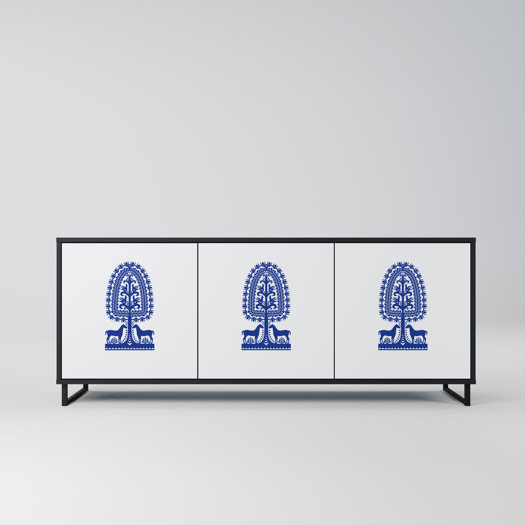 Buffet 3 portes en finition noire, style art populaire polonais