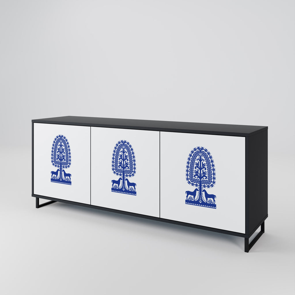 Buffet 3 portes en finition noire, style art populaire polonais