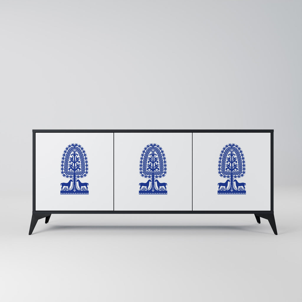 Buffet 3 portes en finition noire, style art populaire polonais