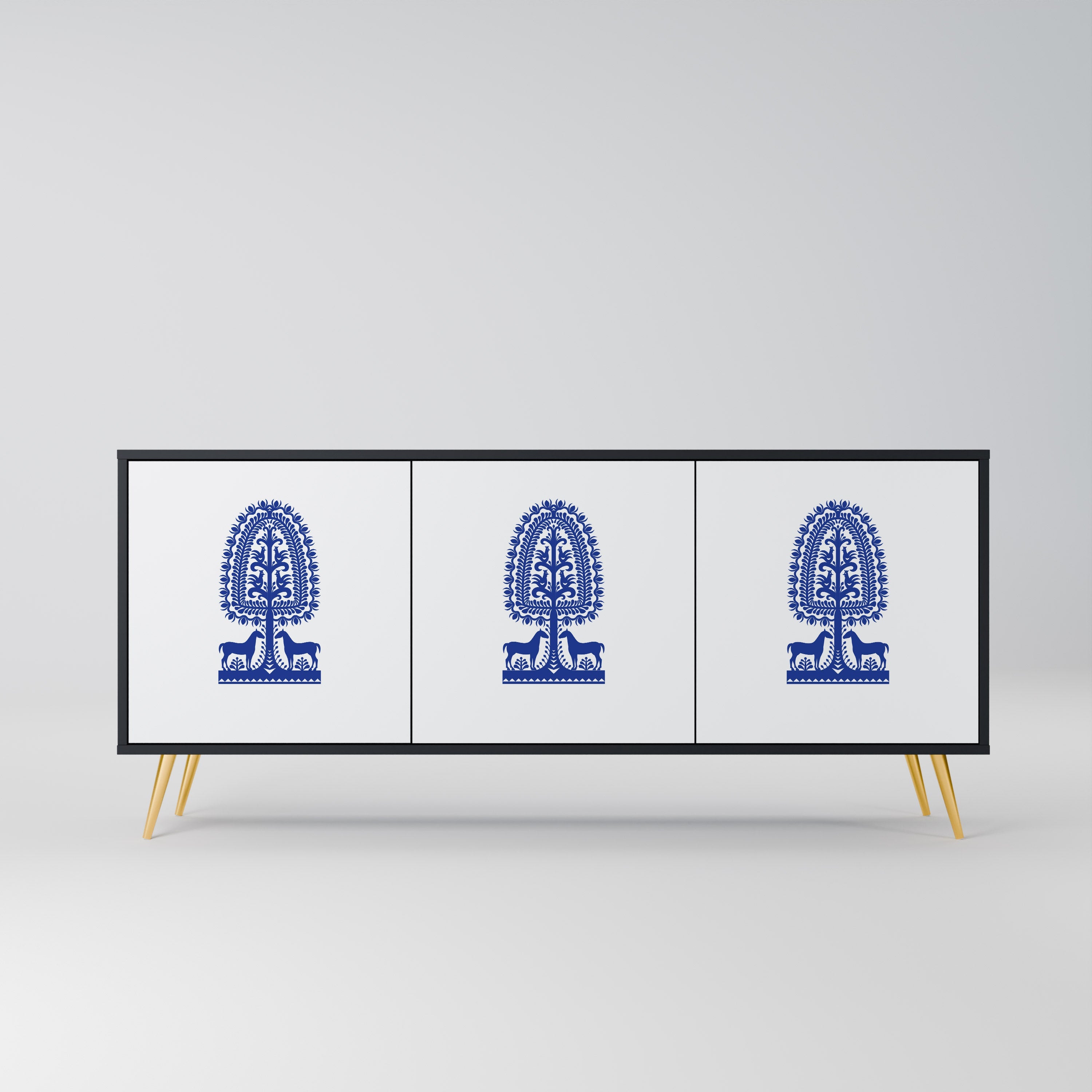 Buffet 3 portes en finition noire, style art populaire polonais