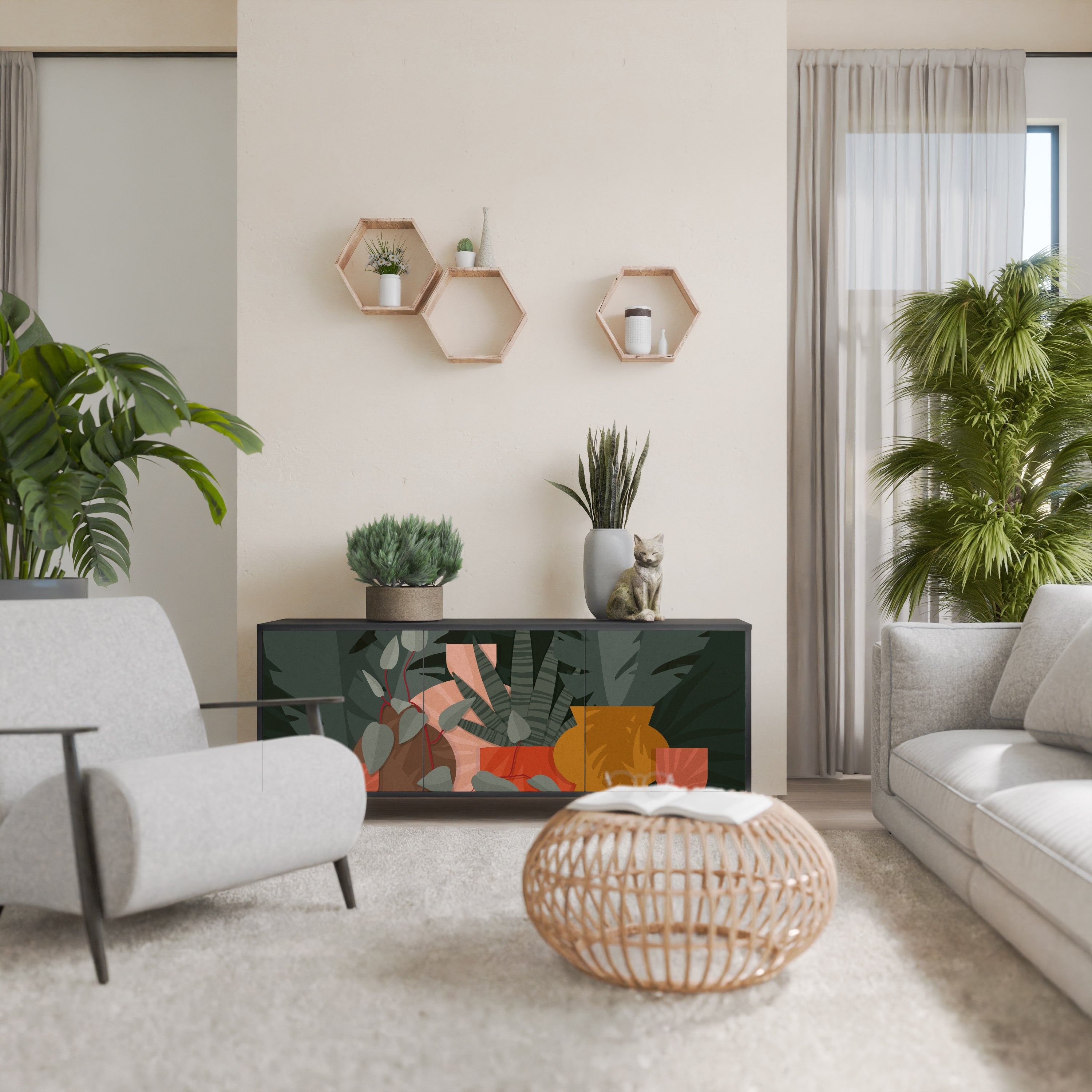 Buffet 3 portes COMPOSITION TROPICALE finition noire