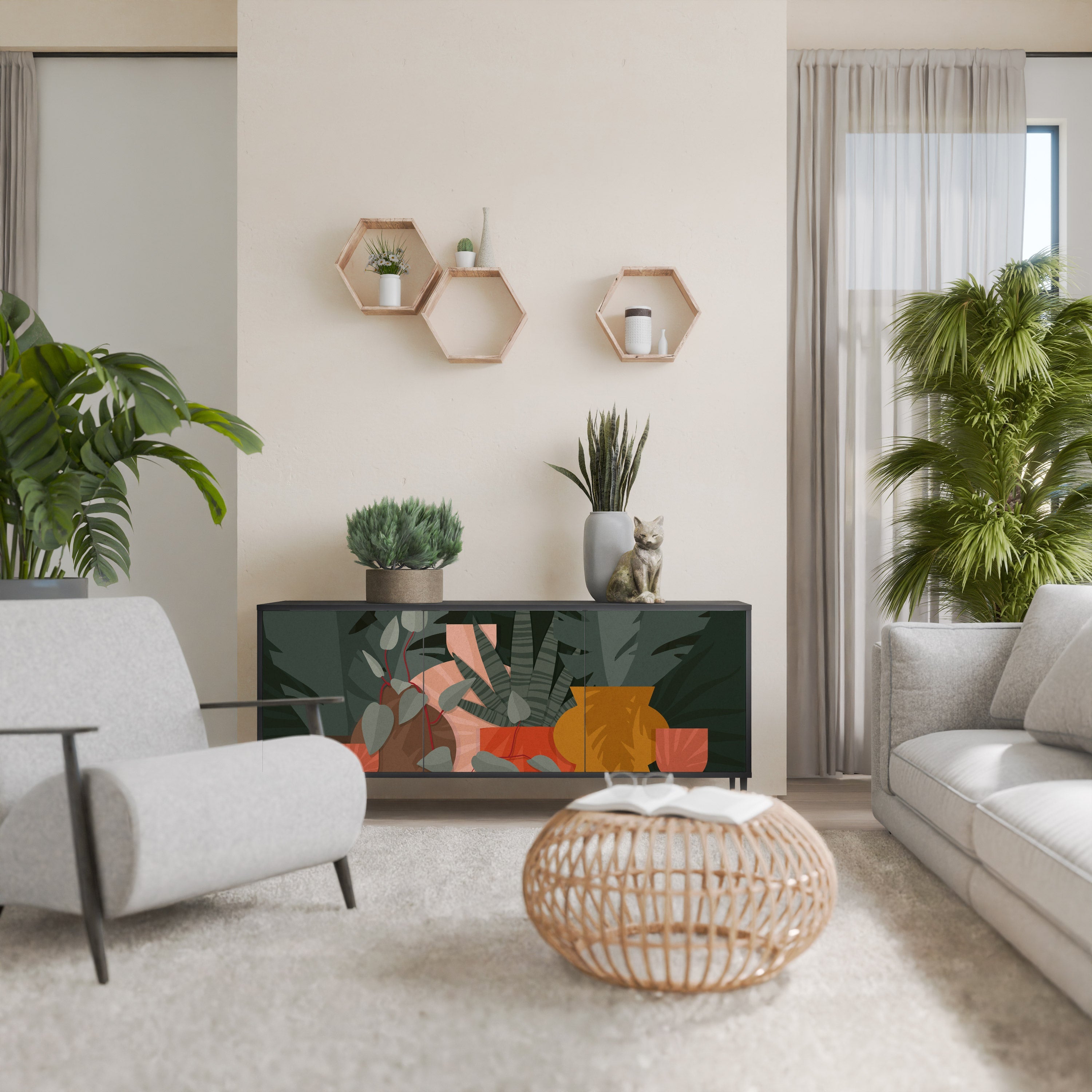 Buffet 3 portes COMPOSITION TROPICALE finition noire