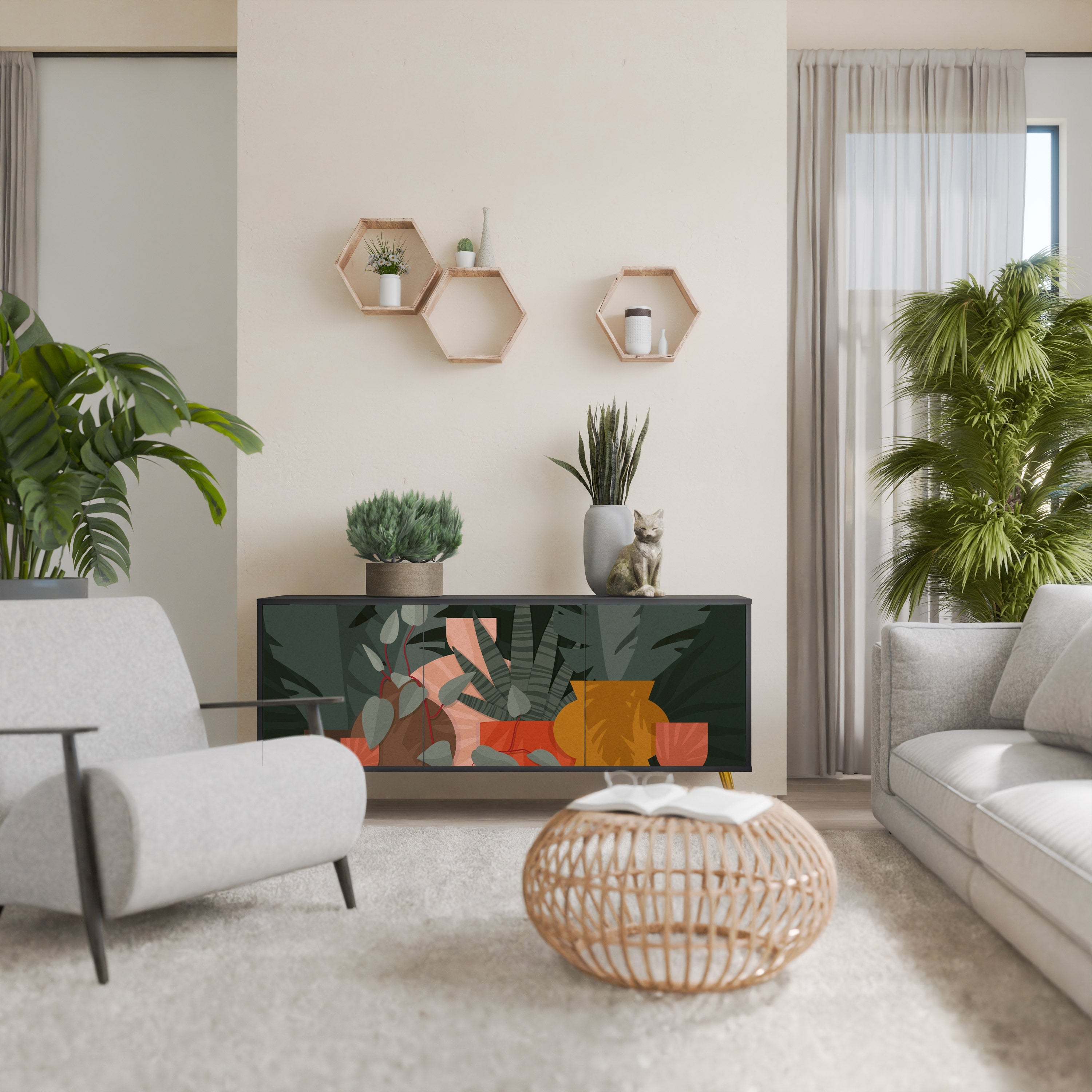 Buffet 3 portes COMPOSITION TROPICALE finition noire