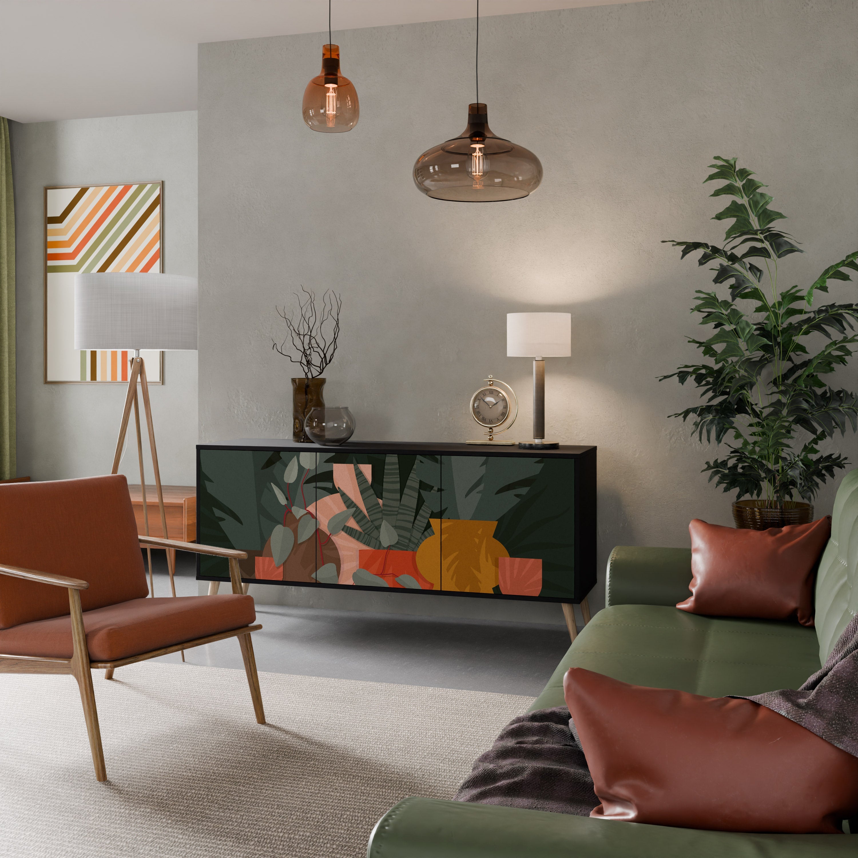 Buffet 3 portes COMPOSITION TROPICALE finition noire