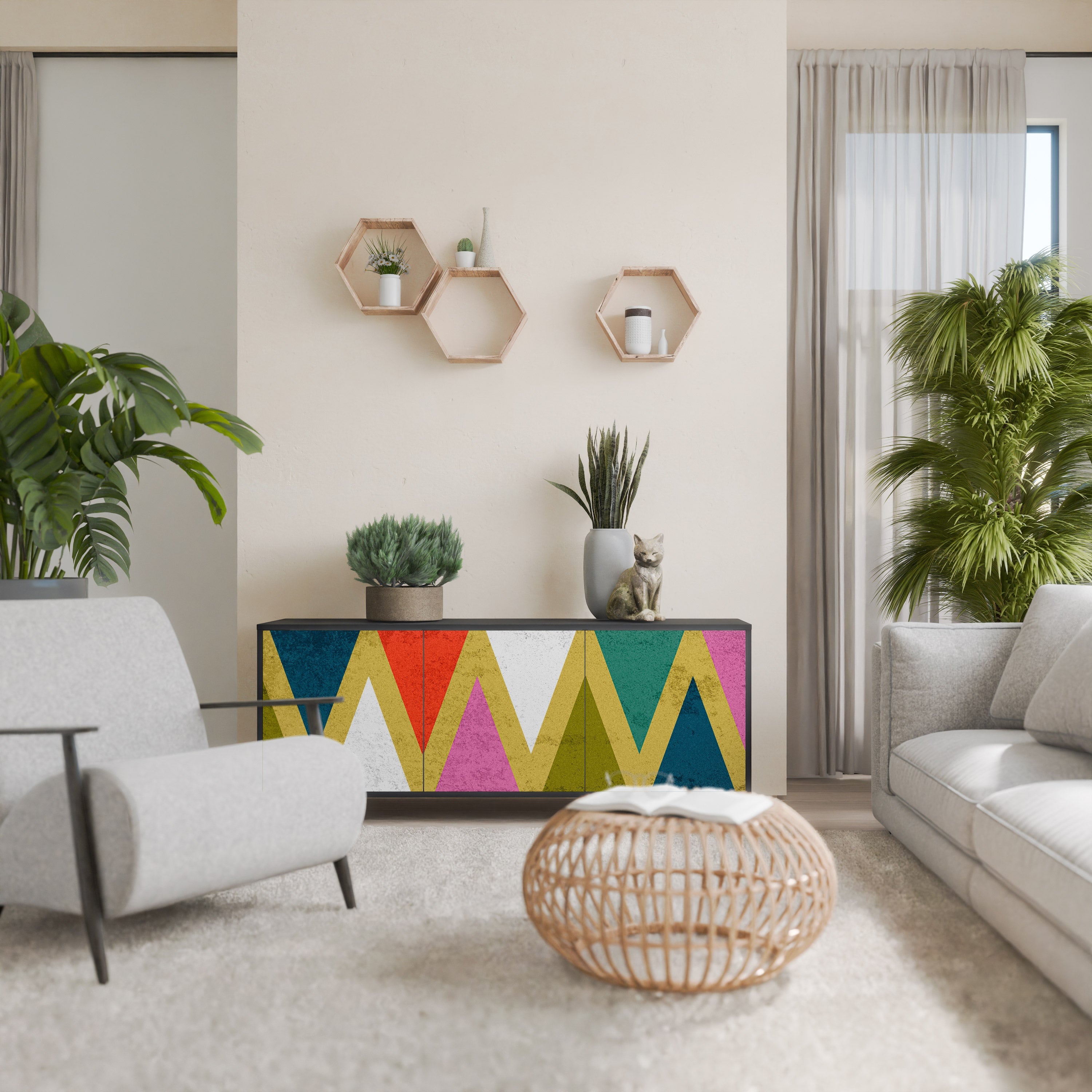 Buffet 3 portes TRIANGLES COLORÉS en finition noire