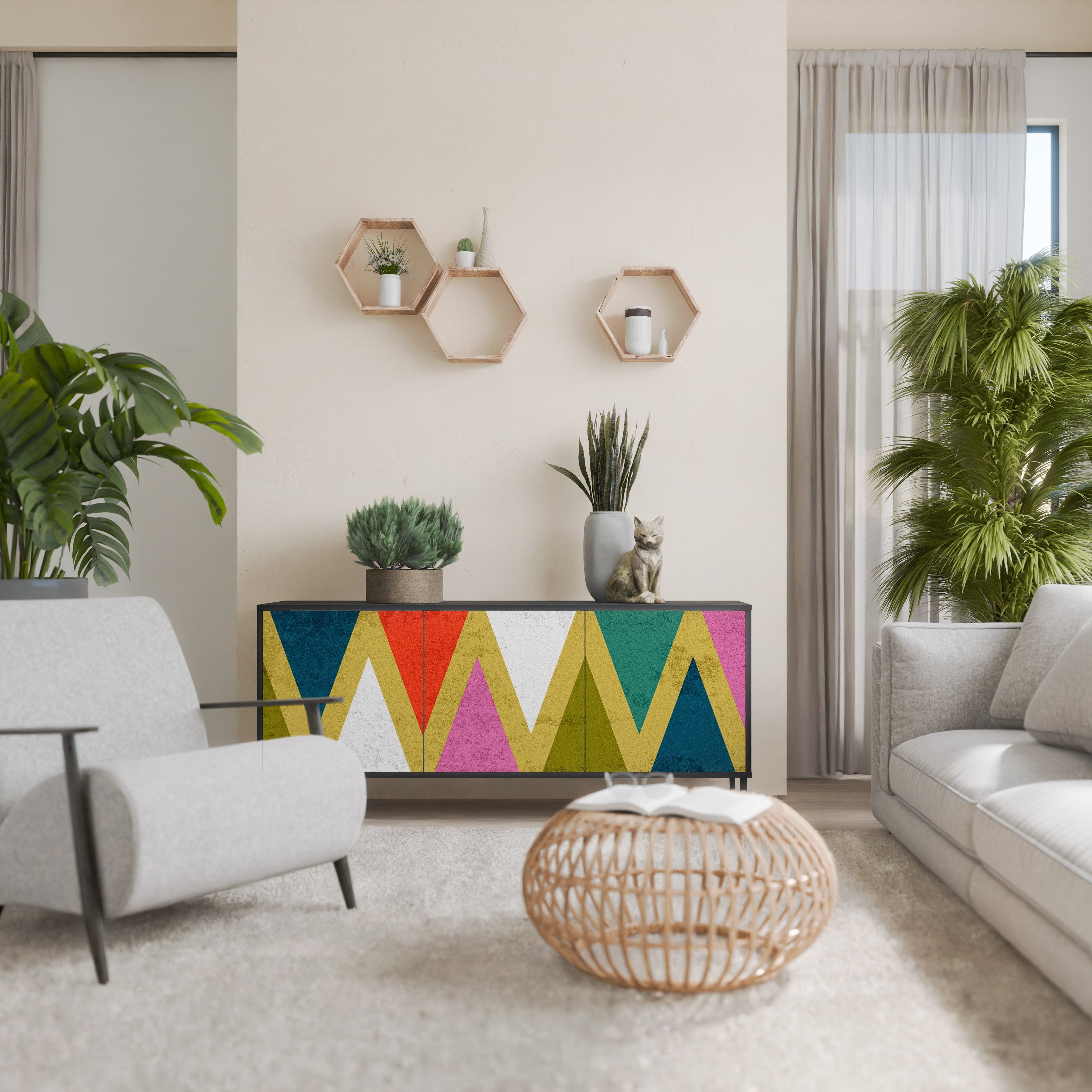 Buffet 3 portes TRIANGLES COLORÉS en finition noire