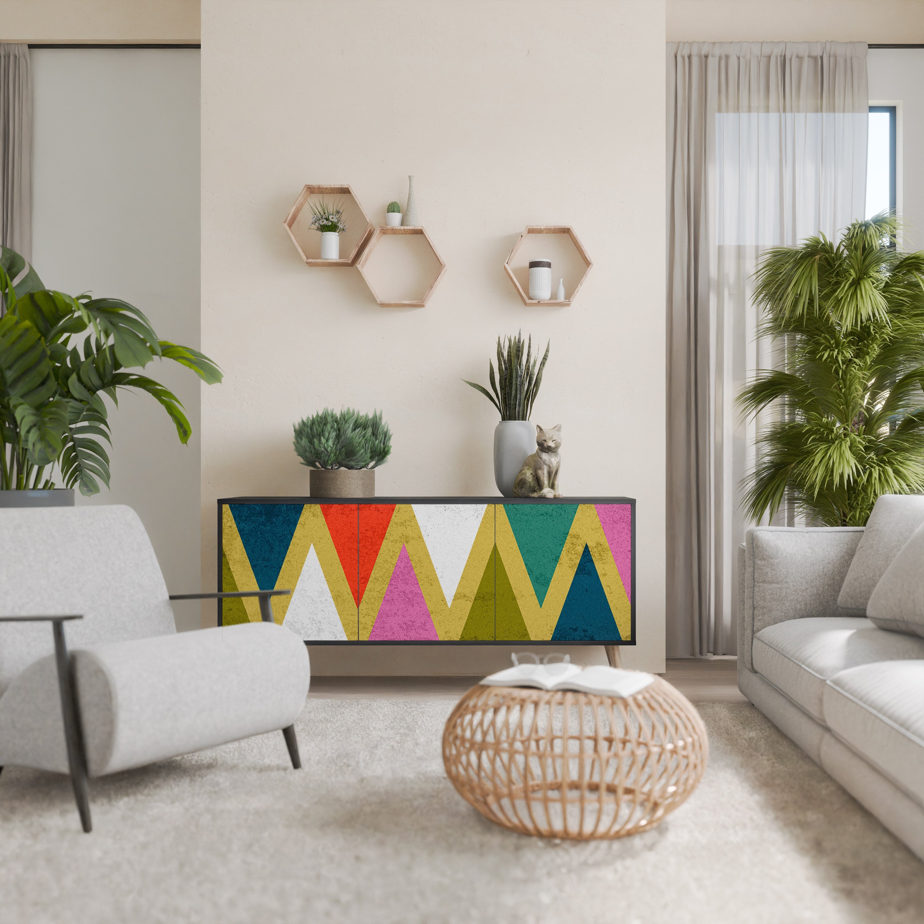 Buffet 3 portes TRIANGLES COLORÉS en finition noire