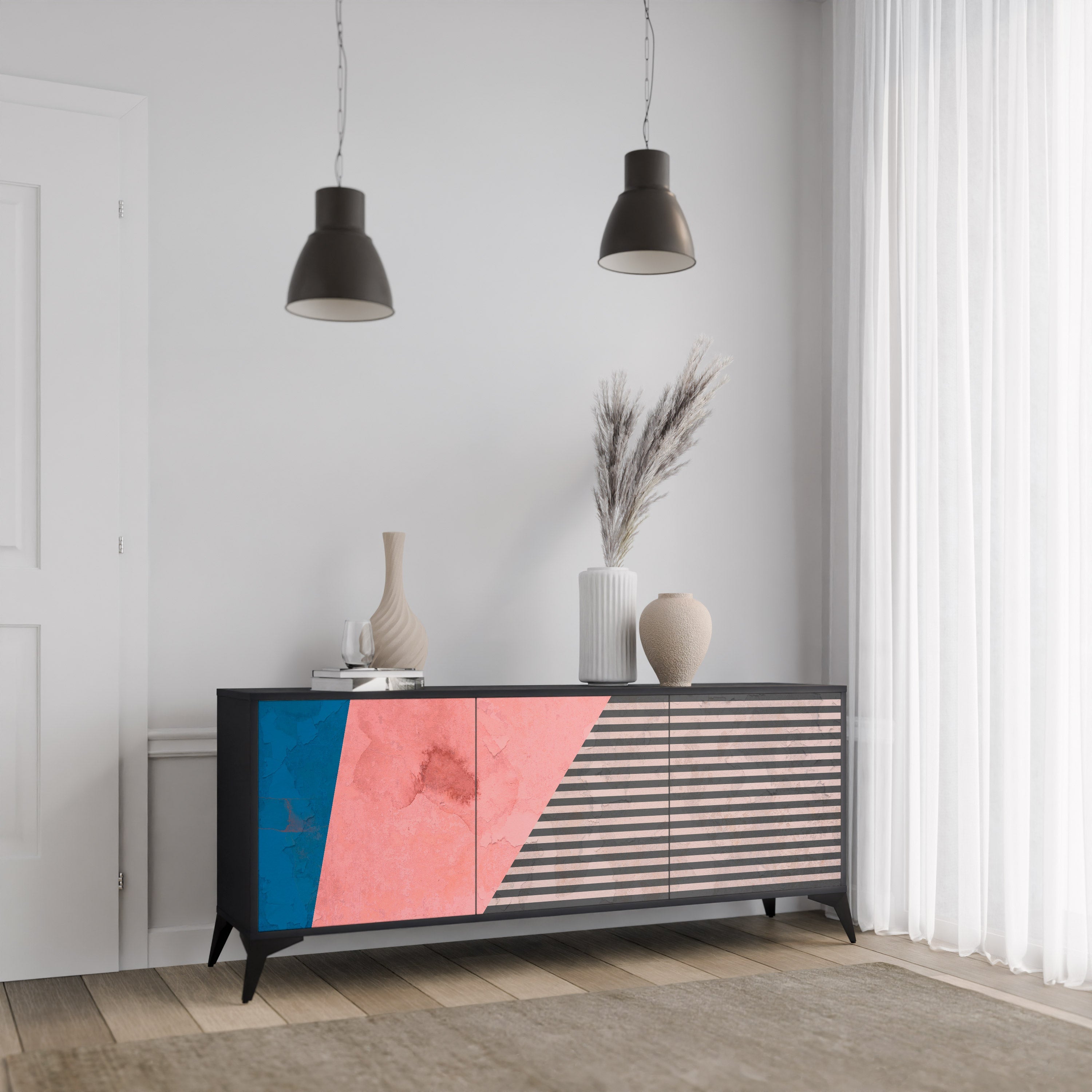 Buffet 3 portes GLAMOROUS STRIPE en finition noire