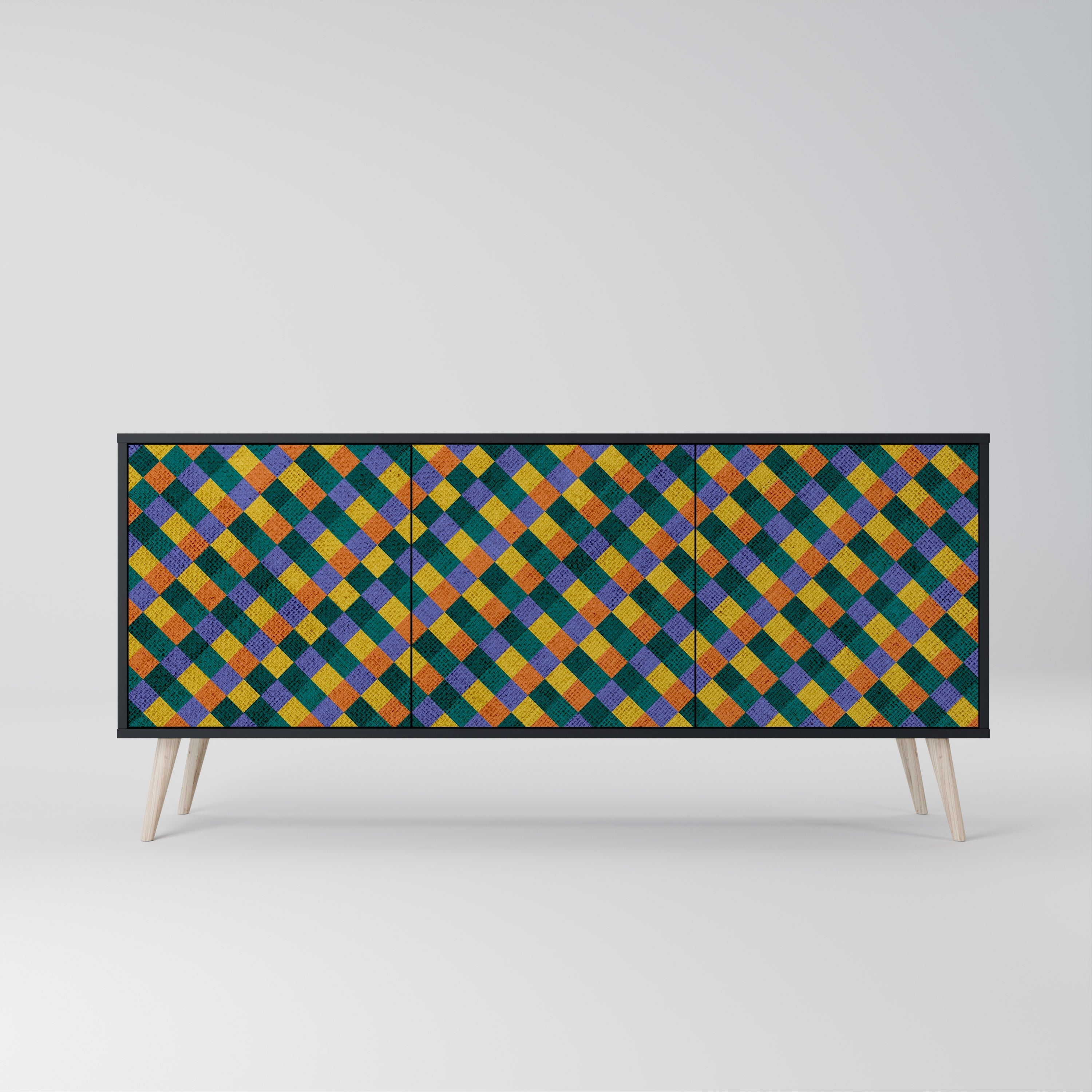 Buffet 3 portes PAINTED SQUARES MIX en finition noire