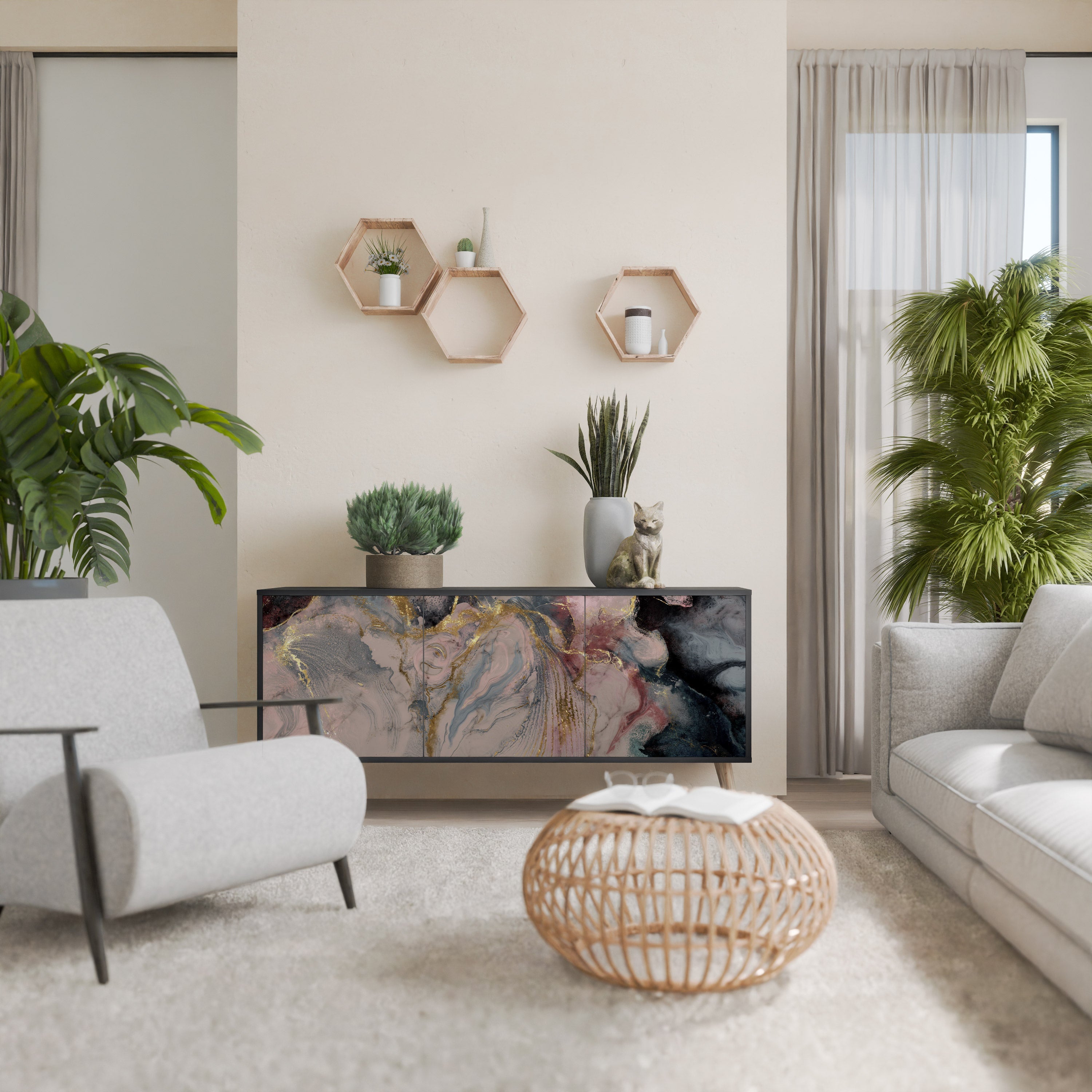 Buffet 3 portes GILDED SWIRLS en finition noire